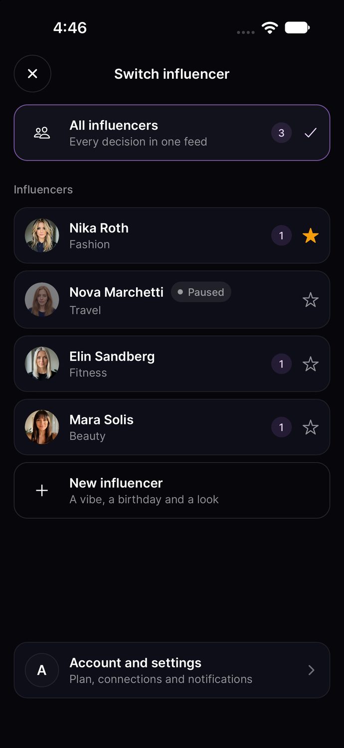 The switcher leads to New influencer and Account and settings