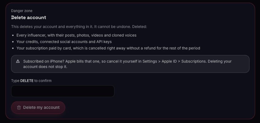 The Delete account section at the bottom of Advanced