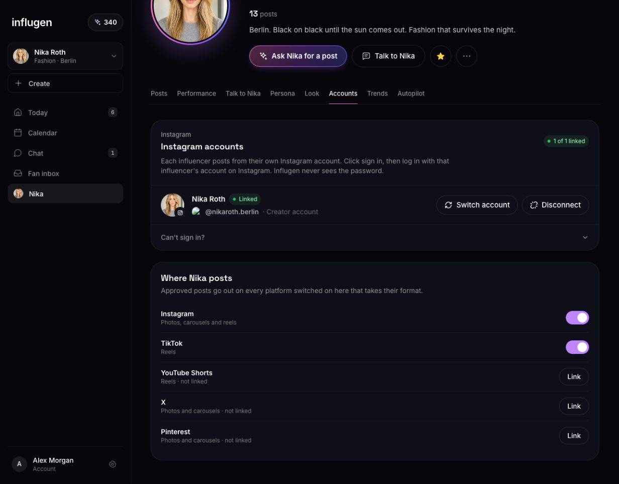 The Accounts section lists every platform and a switch