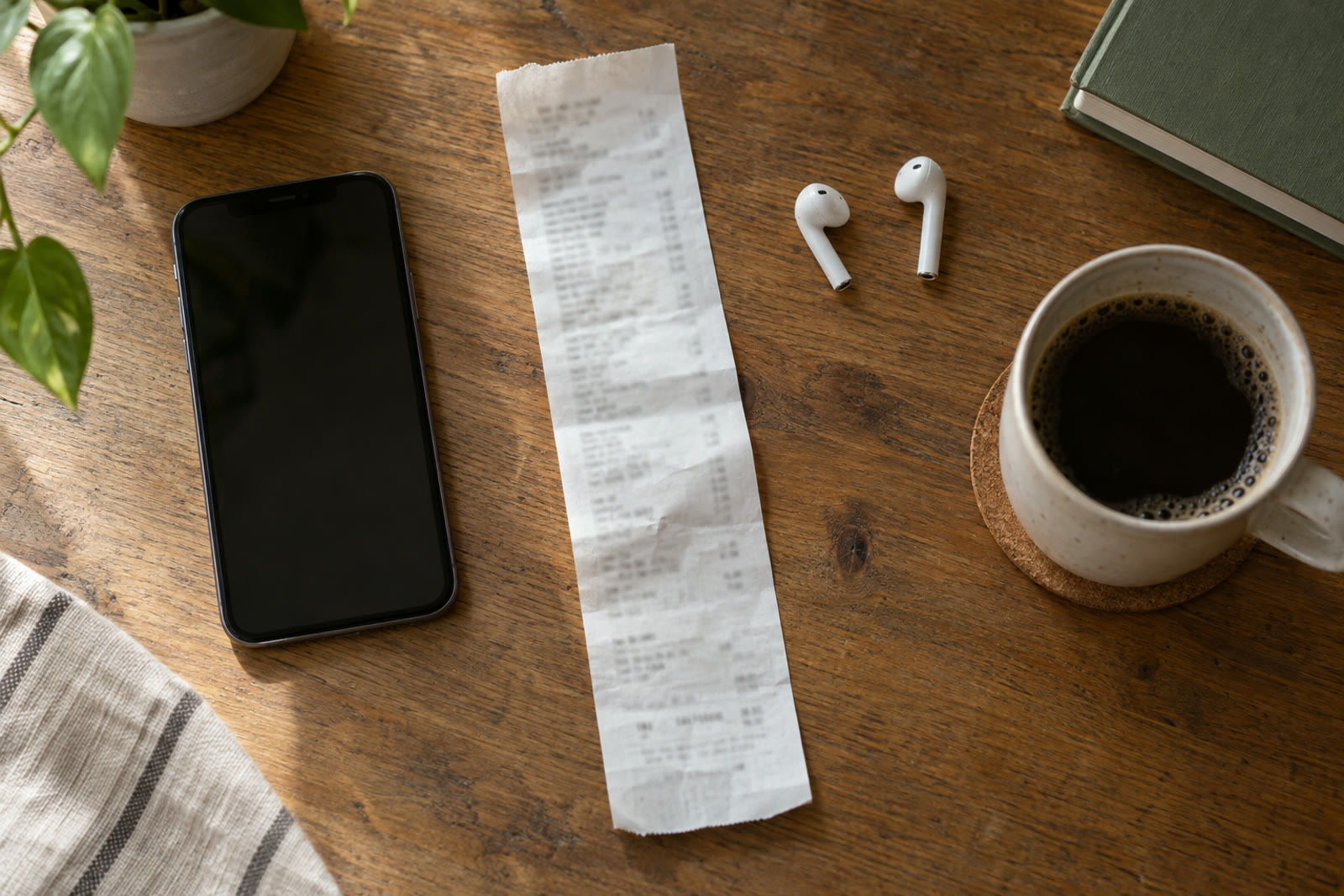 A receipt-like strip of paper on a desk next to a phone, a pair of earbuds and a coffee cup, seen from above, no readable text