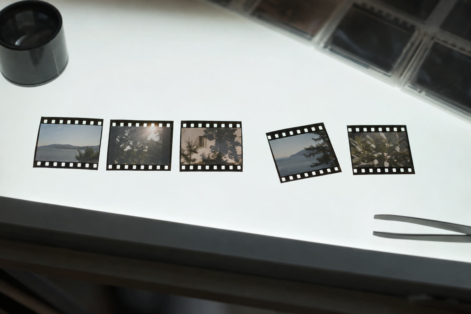 Five small film-strip frames laid out in a row on a light table, one of them set slightly apart, soft daylight
