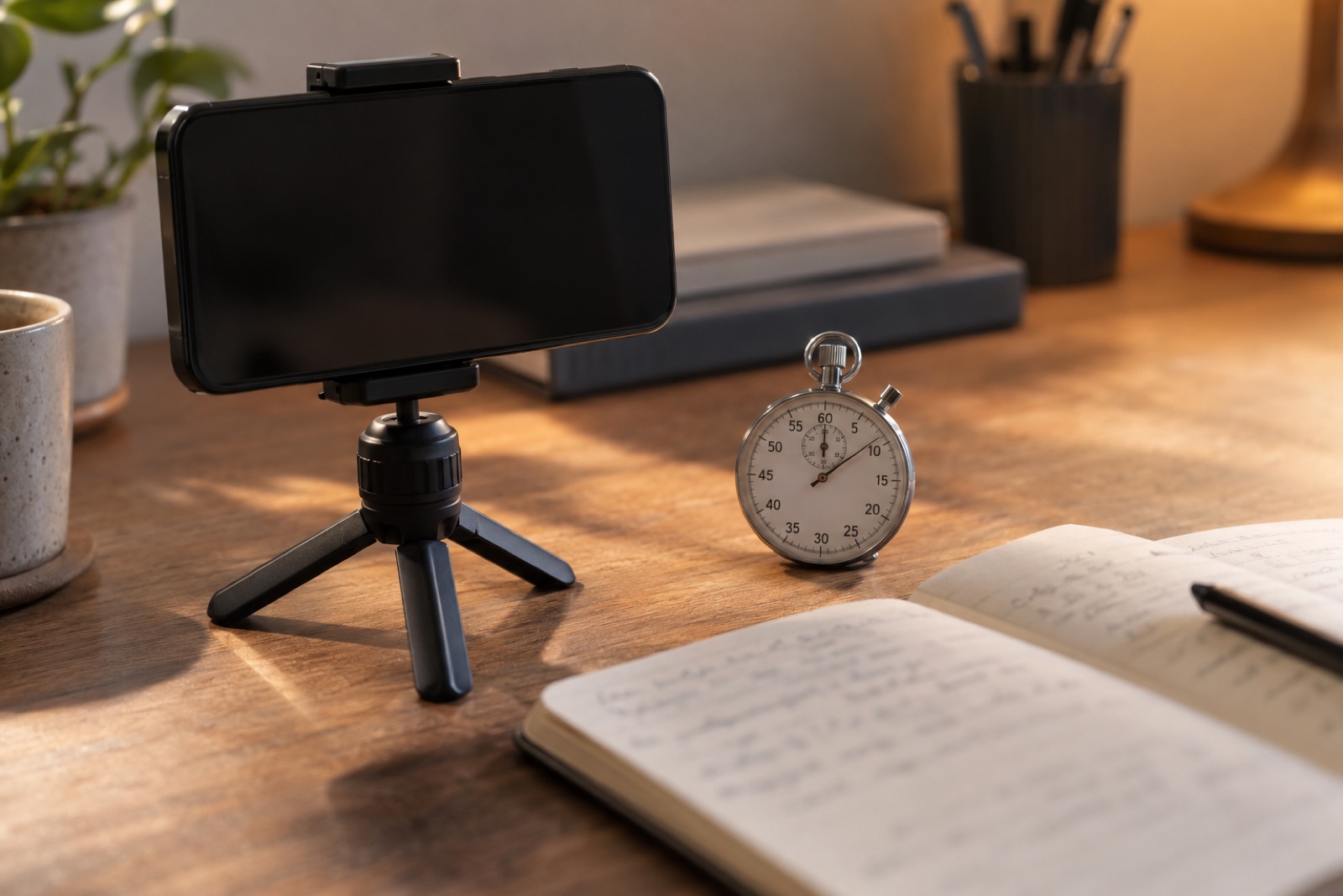 A phone on a small tripod on a desk next to a stopwatch and a notebook, warm light