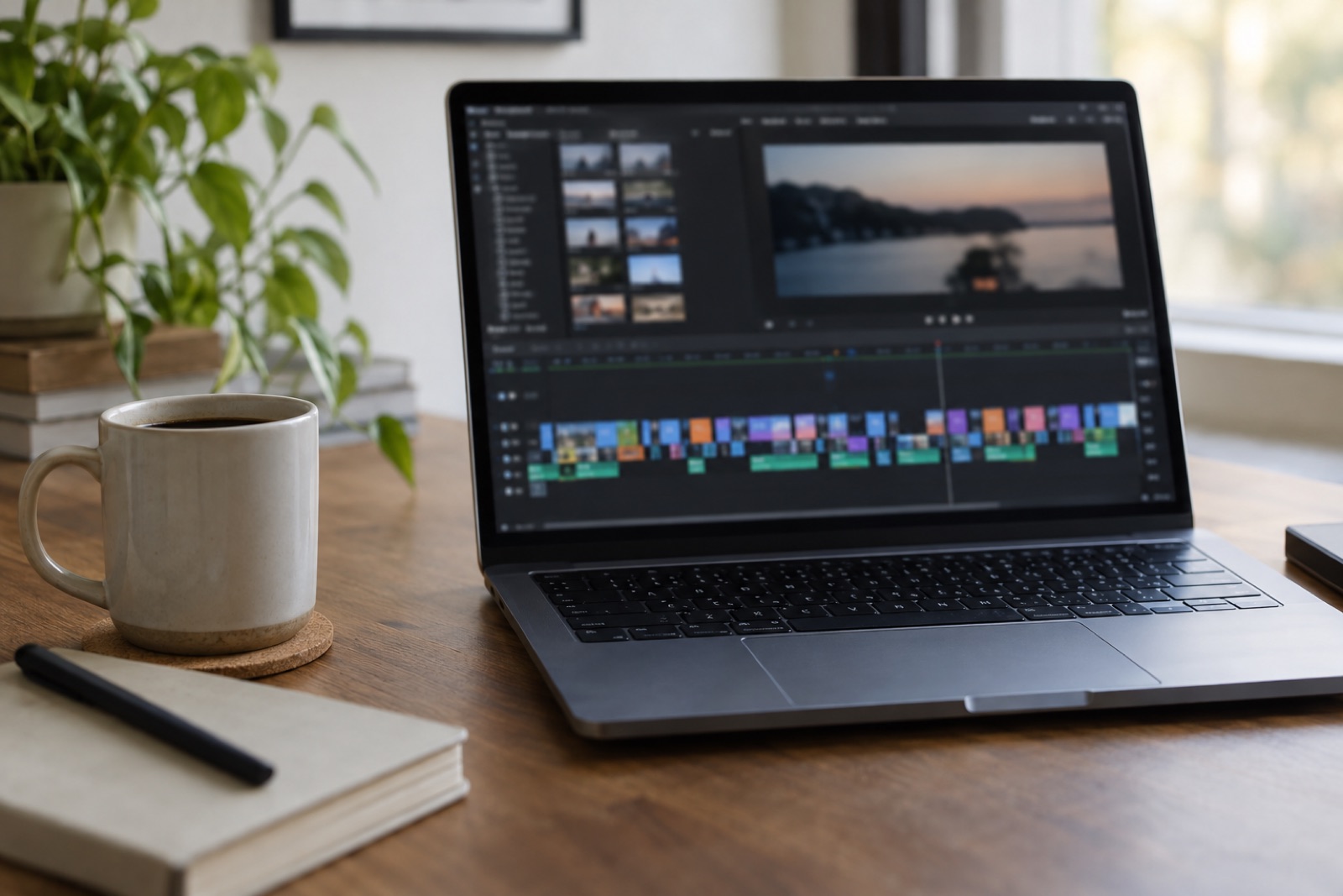 A video editing timeline on a laptop screen with short clips in a row, a coffee cup beside it, soft light, the screen's text blurred and unreadable