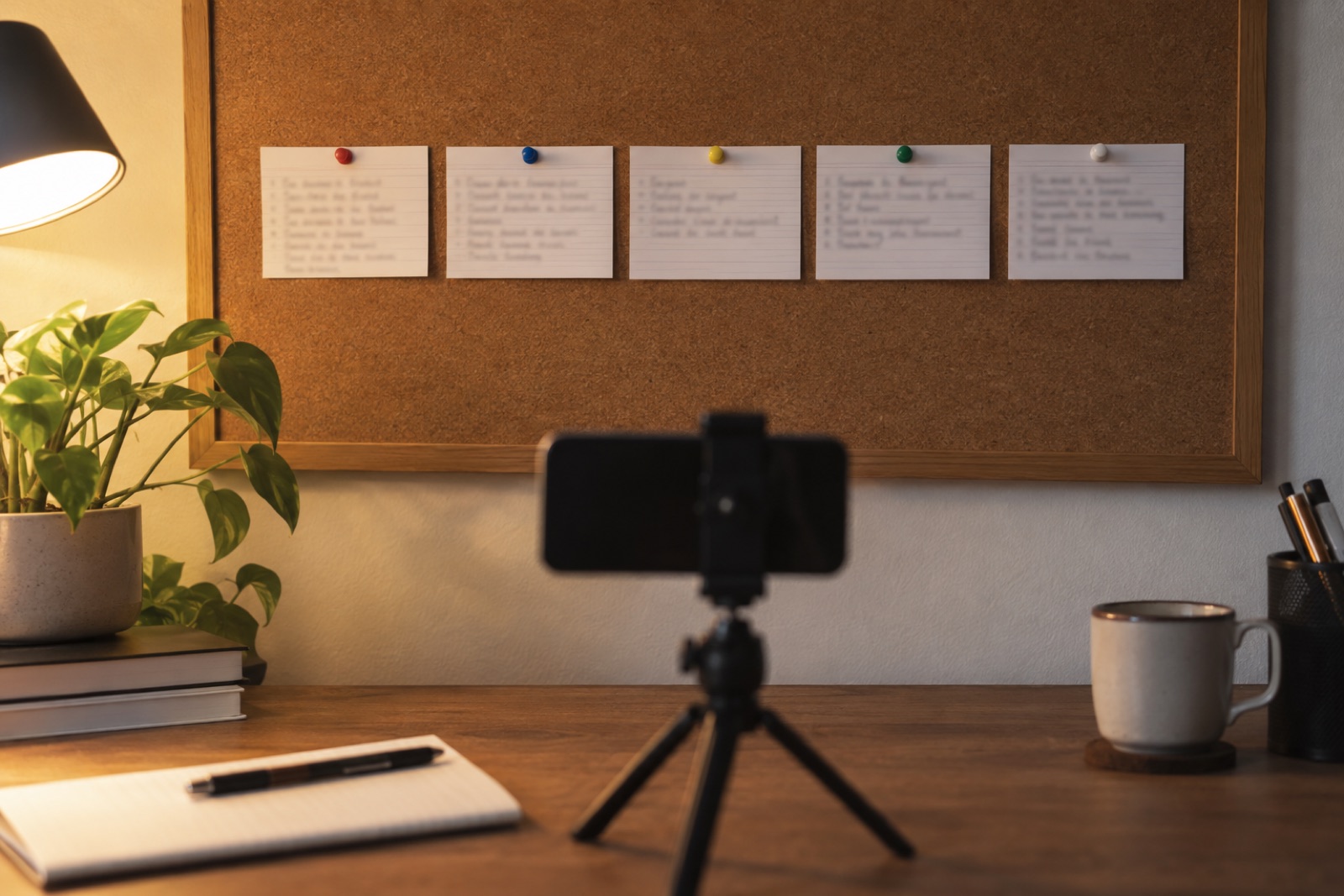 Index cards with handwritten notes pinned to a cork board above a desk, a phone on a tripod in front, warm light, handwriting blurred