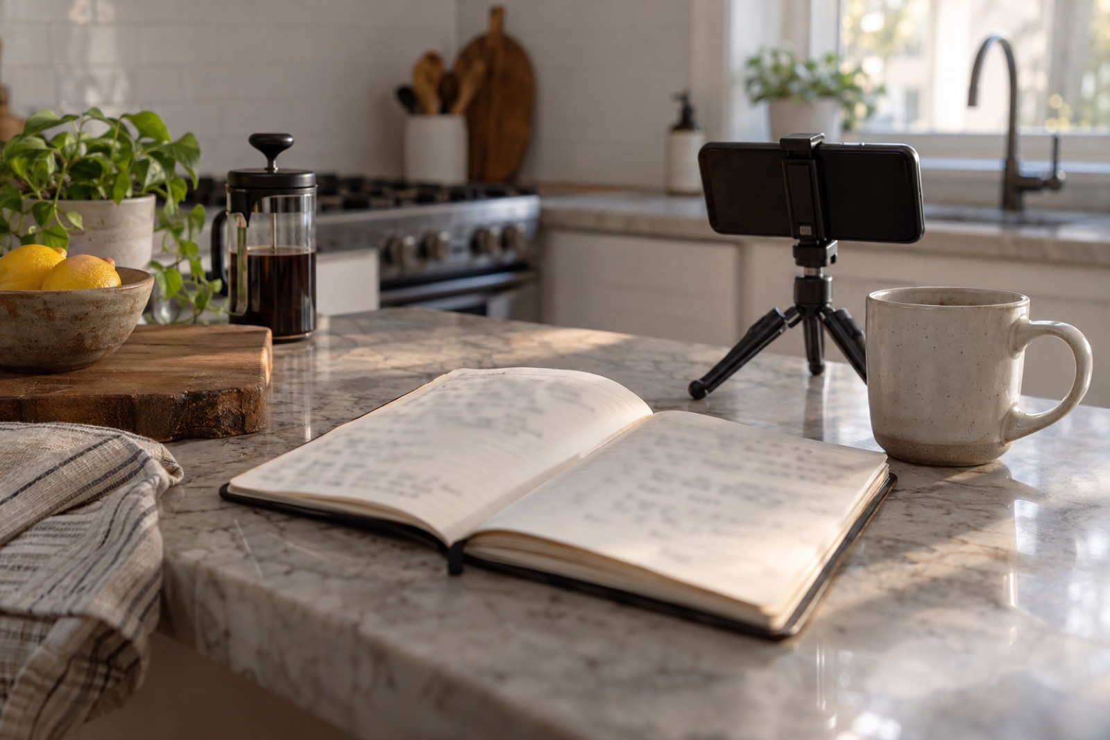 A notebook open on a kitchen counter next to a smartphone on a small tripod and a mug, soft morning light