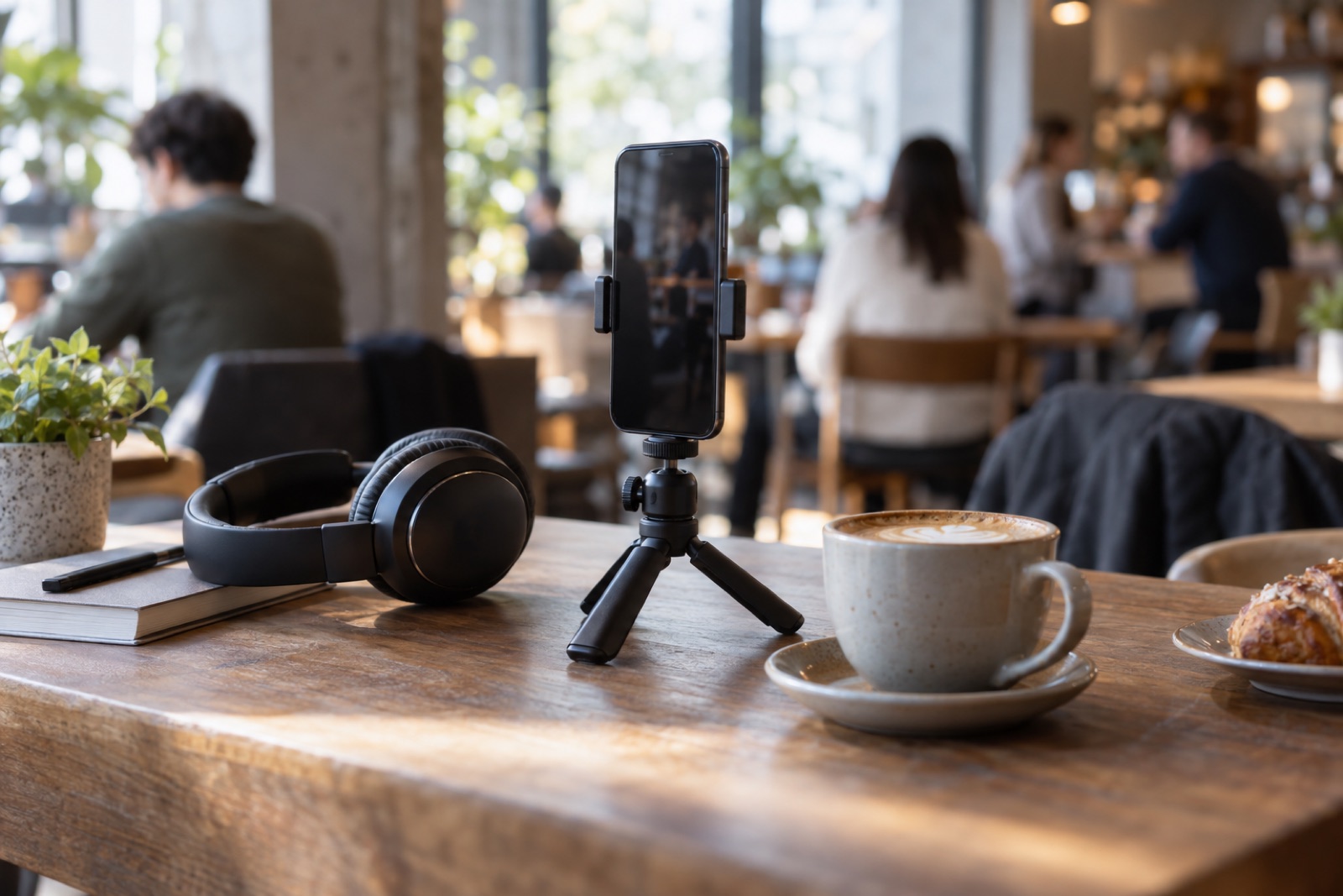 A smartphone on a small tripod on a café table next to a pair of over-ear headphones and a coffee cup, soft daylight