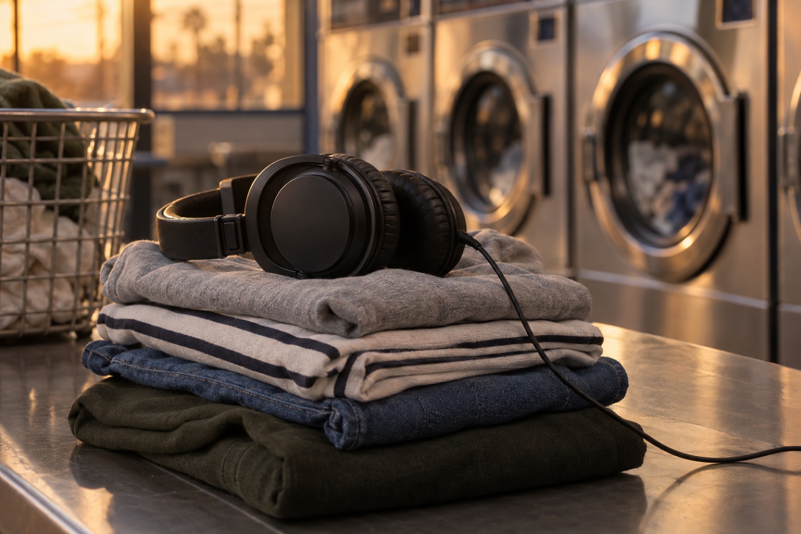 Studio headphones resting on a stack of folded laundry on a laundromat counter, washing machines softly blurred behind, warm light