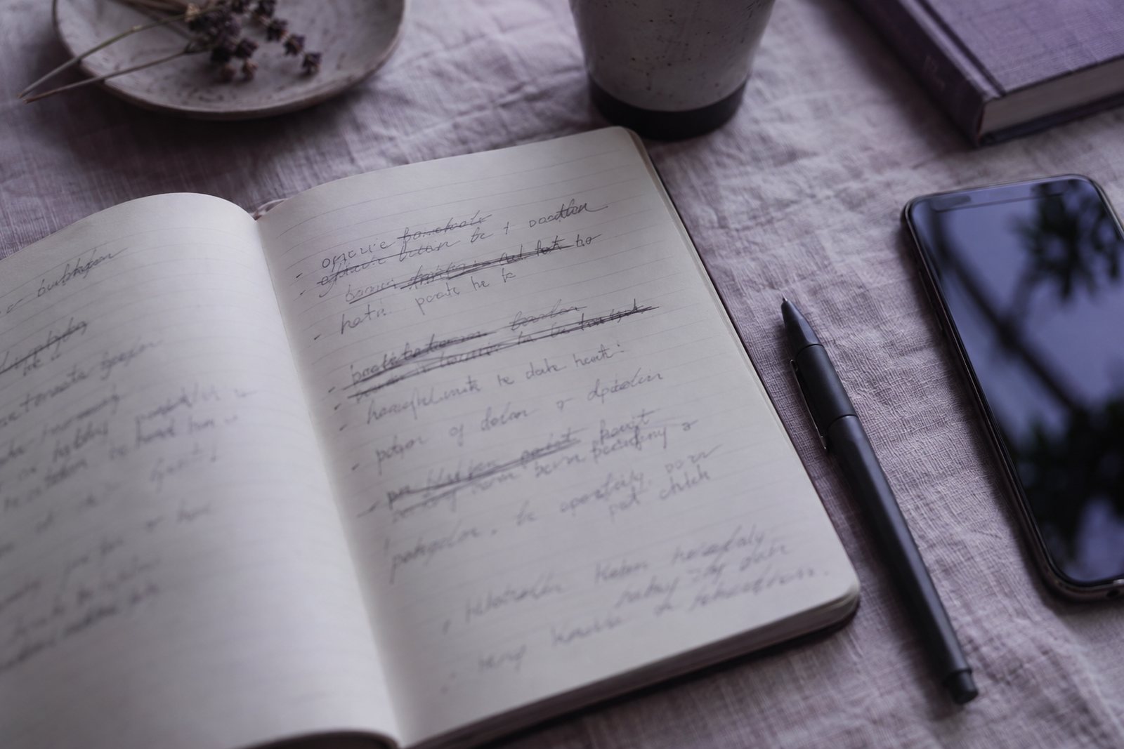 A notebook with handwritten draft bios crossed out and rewritten, next to a phone and a pen
