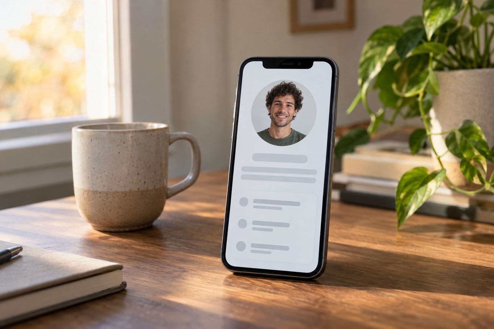 A phone showing a clean social profile page with a round portrait and a short bio, on a desk with a notebook