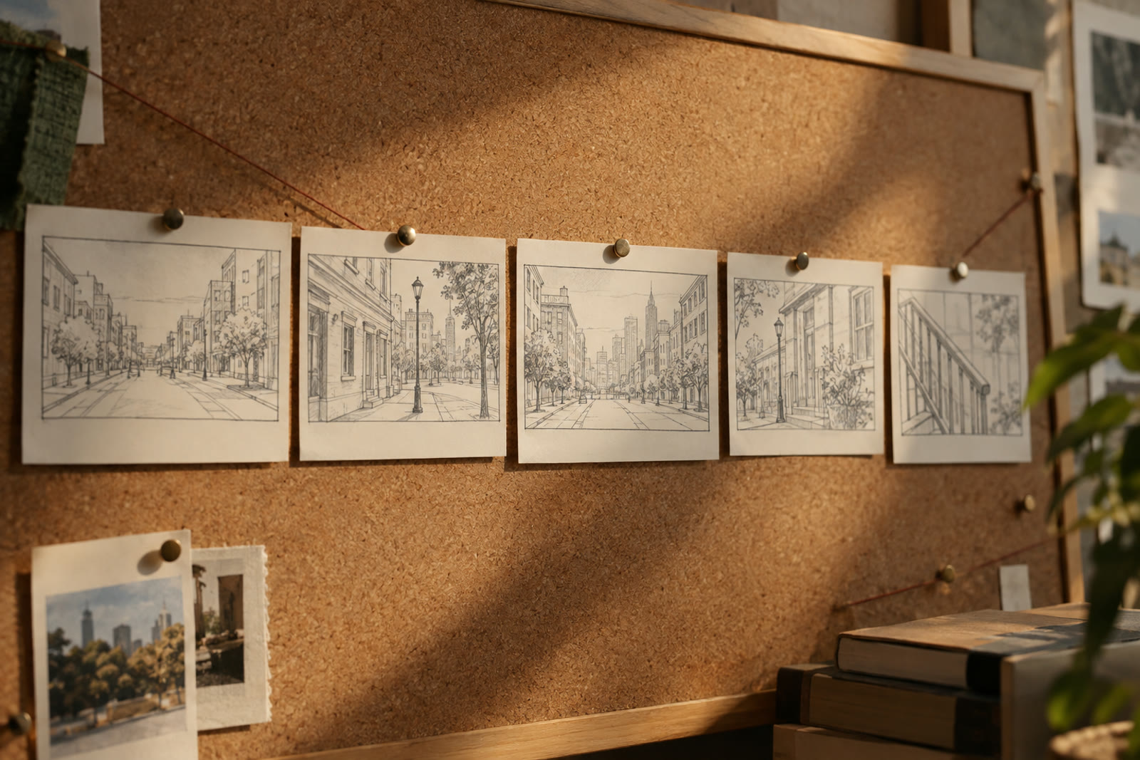 Storyboard cards pinned in a row on a corkboard, each with a small sketch of a street from a different angle