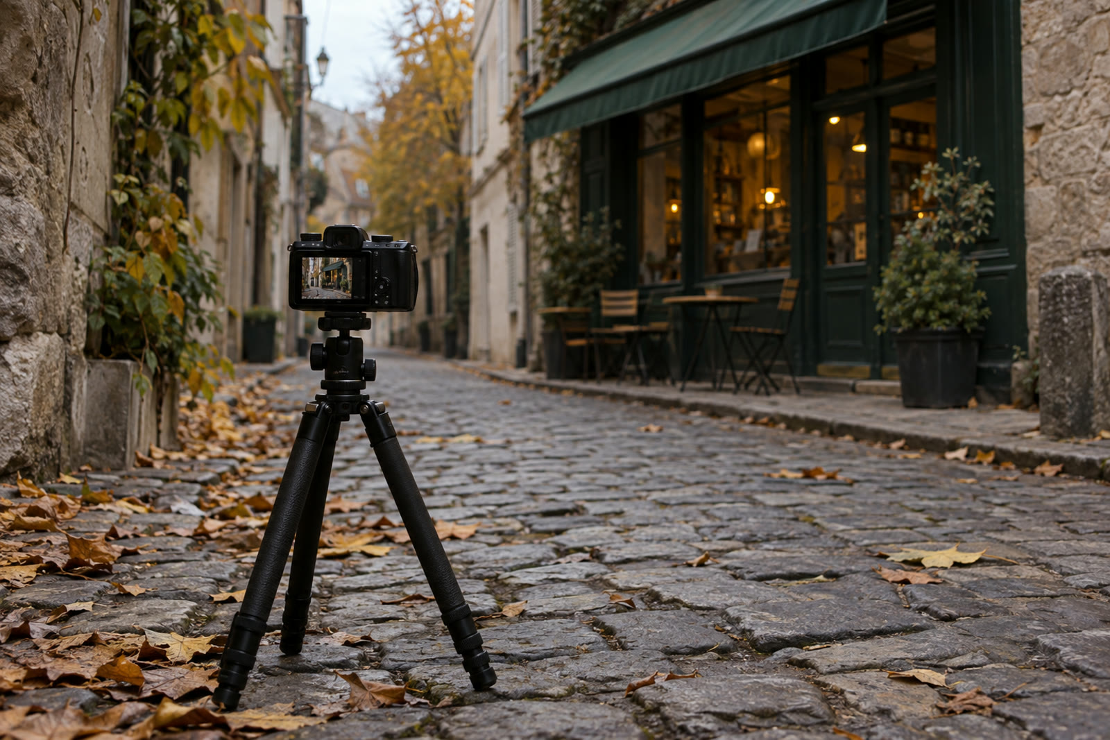 A small camera on a tripod on a cobbled street, seen from behind, pointing down the street toward a café