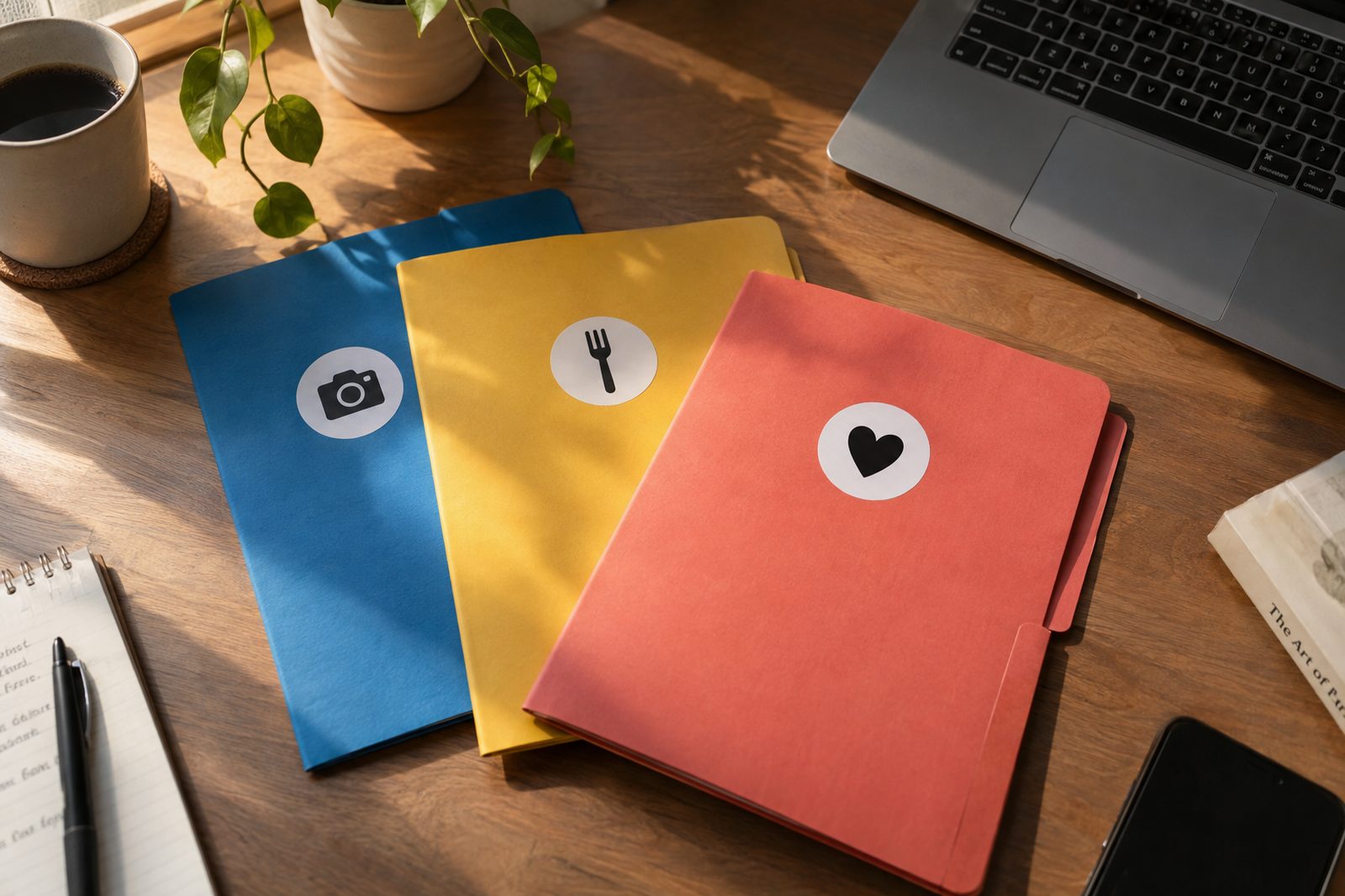 Three coloured folders labelled with simple icons on a desk