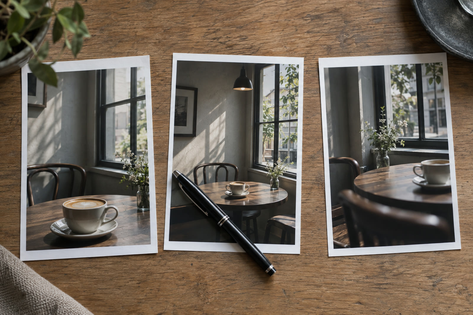 Three printed photos of the same café corner laid side by side on a wooden table, with a pen across one of them