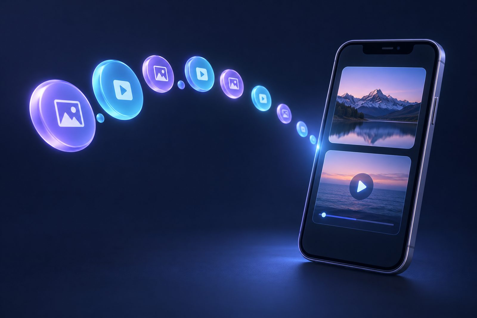 Illustration of glowing tokens flowing into a phone that shows a photo and a video
