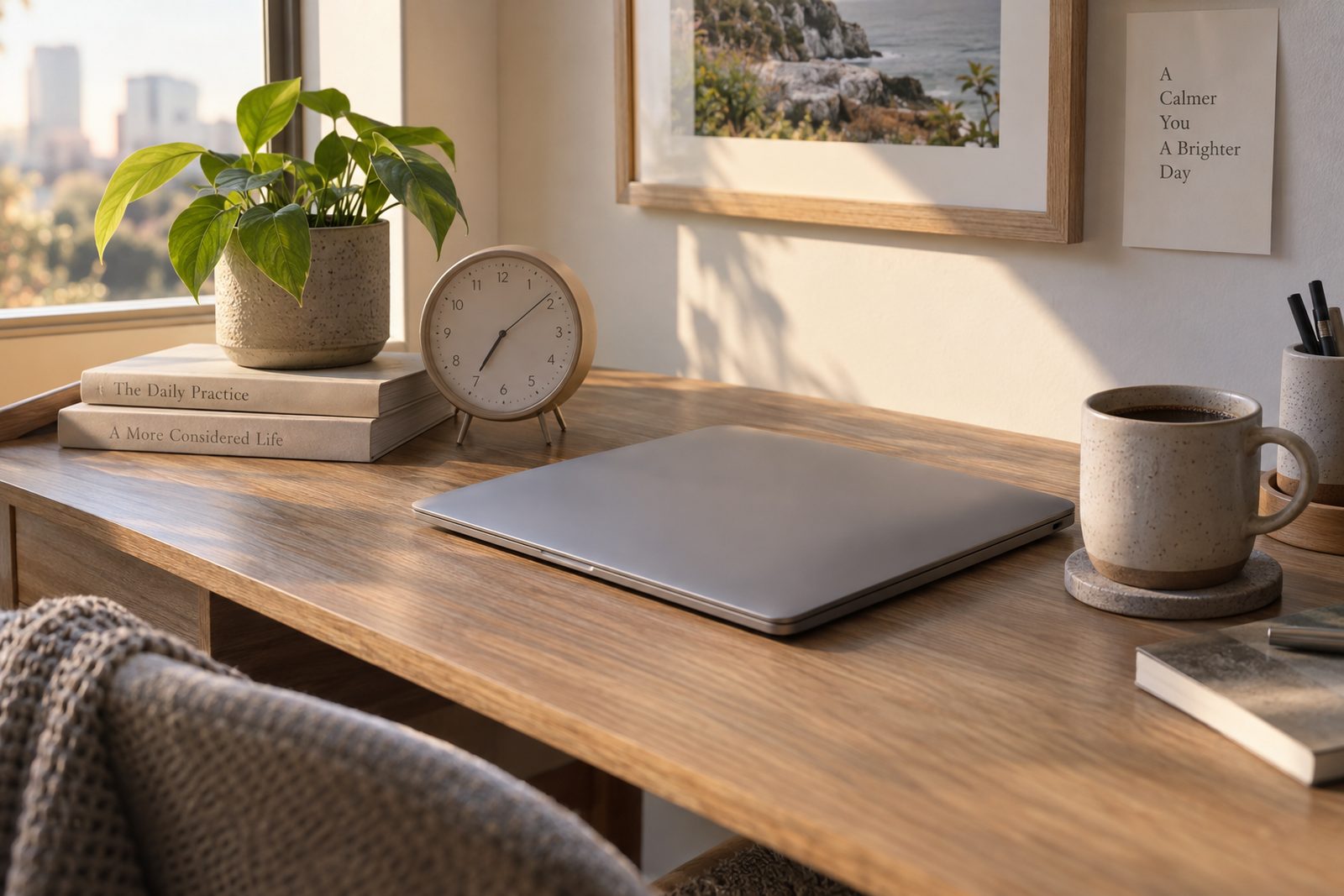 A desk clock beside a laptop and a coffee cup