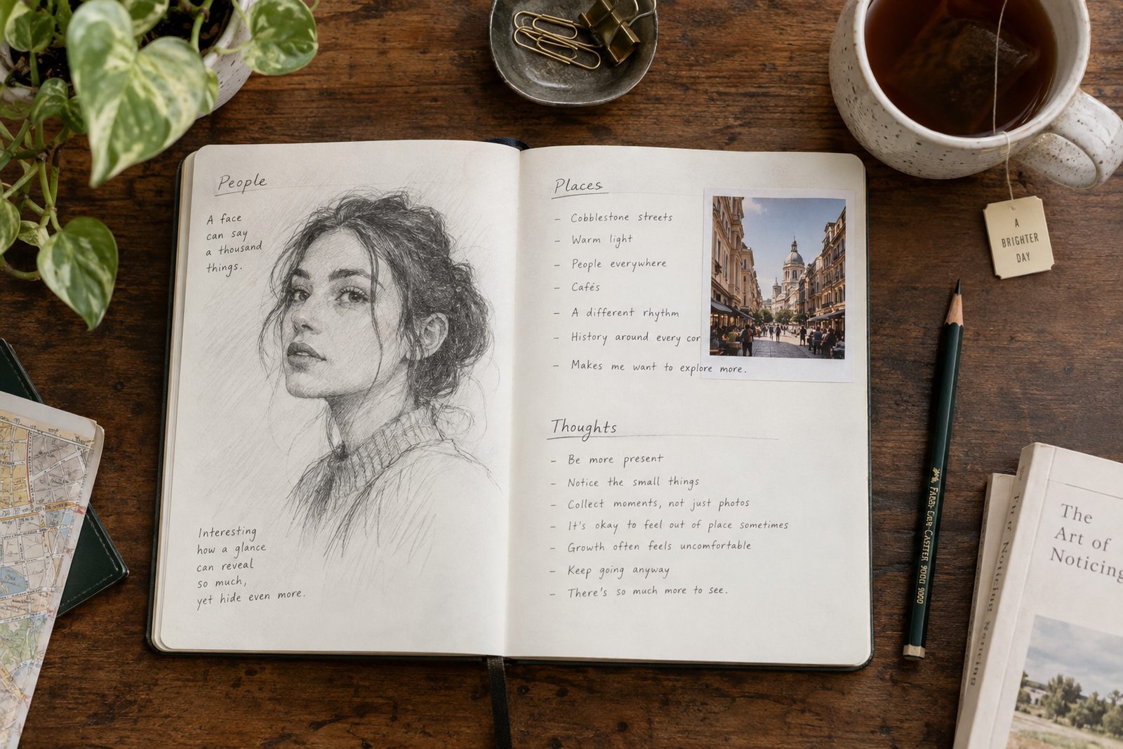 A character profile notebook with a sketched portrait, handwritten traits and a small photo of a city street