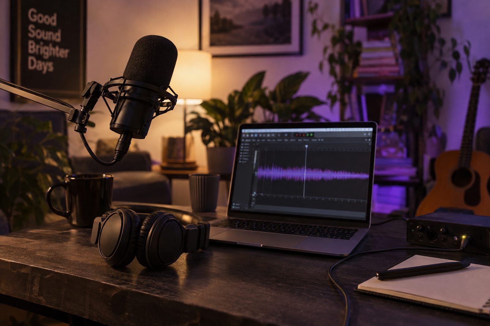 A small home recording setup with a microphone and headphones on a desk