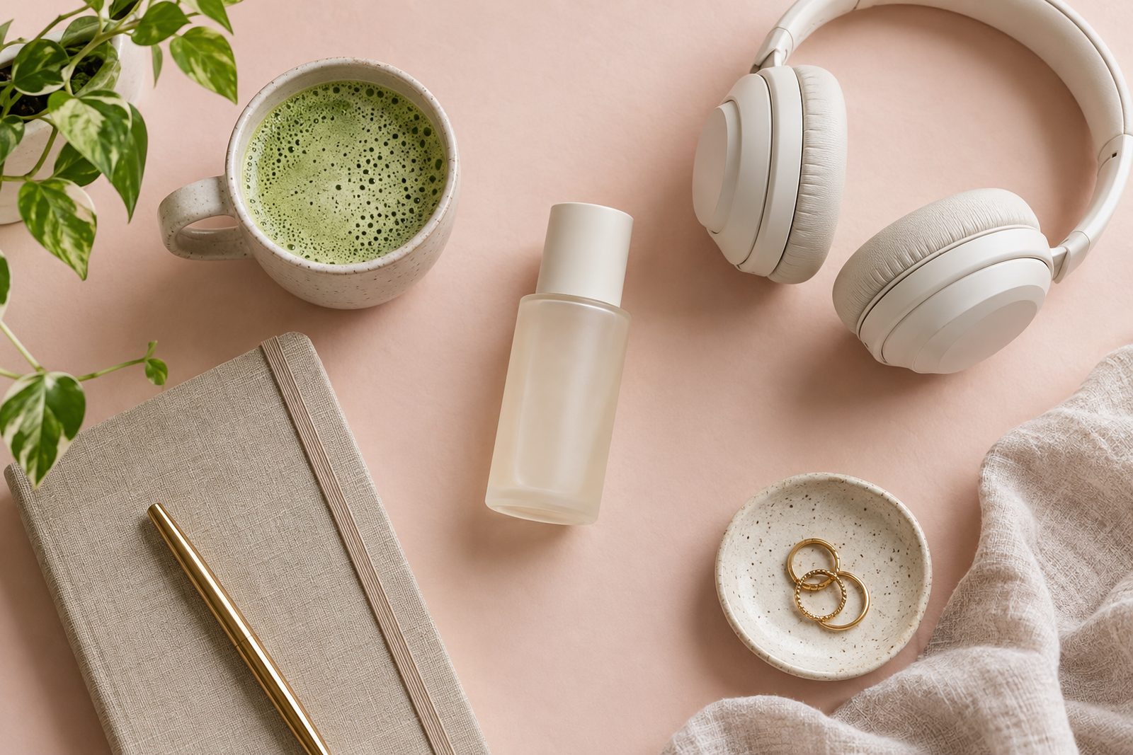 Flat lay of products that suit a lifestyle creator: skincare, a mug, headphones and a notebook