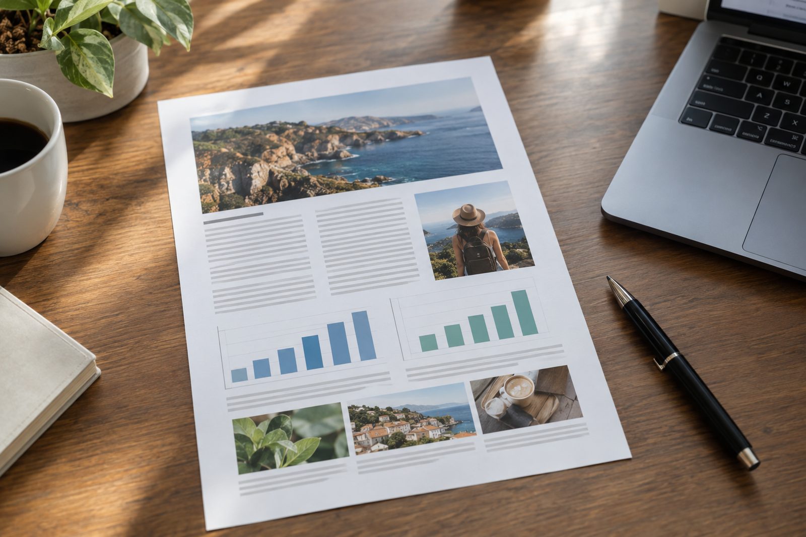 A printed one-page media kit with photos and simple charts on a desk