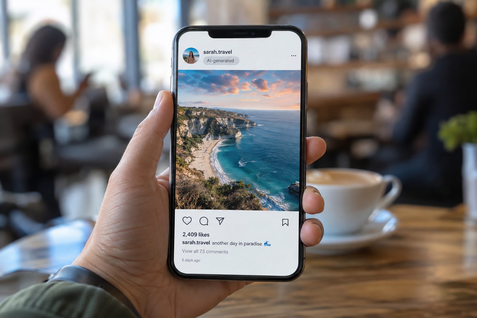 A phone in someone's hand showing a post with a small AI label
