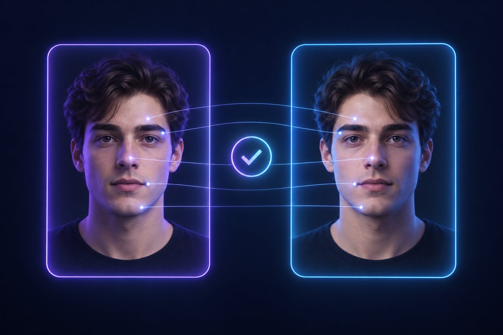 Illustration of two portraits being compared side by side with glowing match points between them