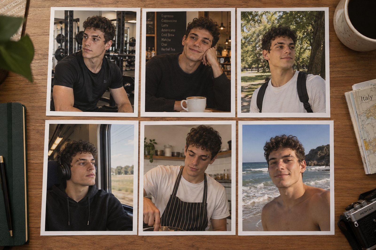 A grid of printed photos of the same AI-generated man in different settings
