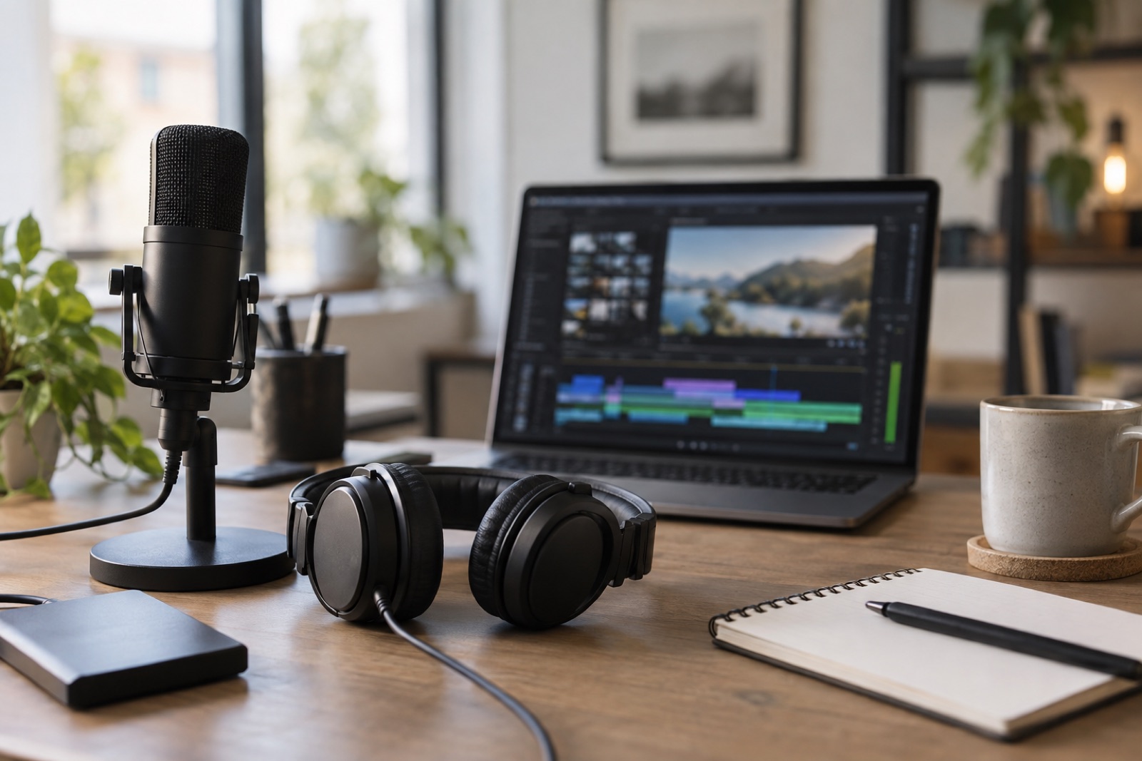 A desk with a microphone, headphones and a laptop showing a blurred video timeline, soft light