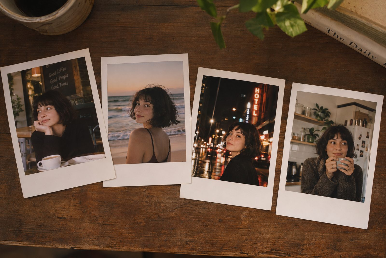 Four instant photos of the same AI-generated woman in different places
