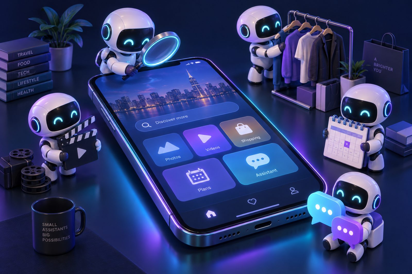 Illustration of five small assistants working around a giant smartphone