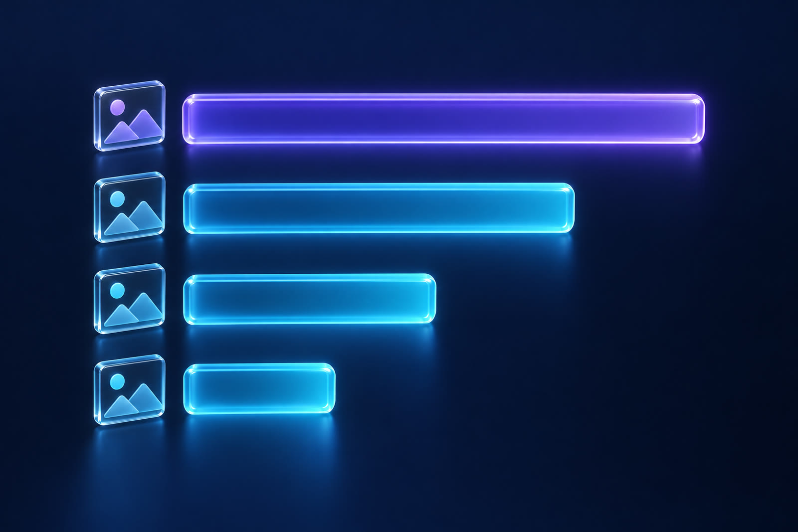 A bar chart of glowing violet and cyan bars of different lengths, each with a small picture icon