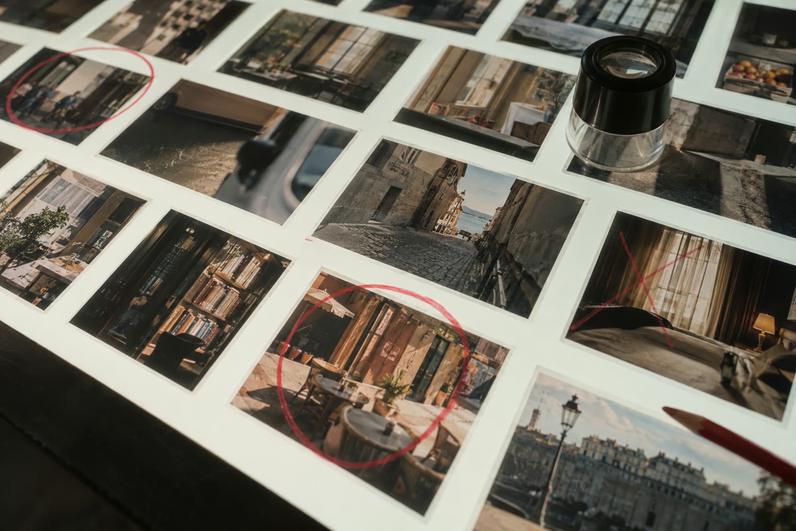 A light table with rows of small printed photos, some marked with a red cross and some with a green tick, next to a loupe