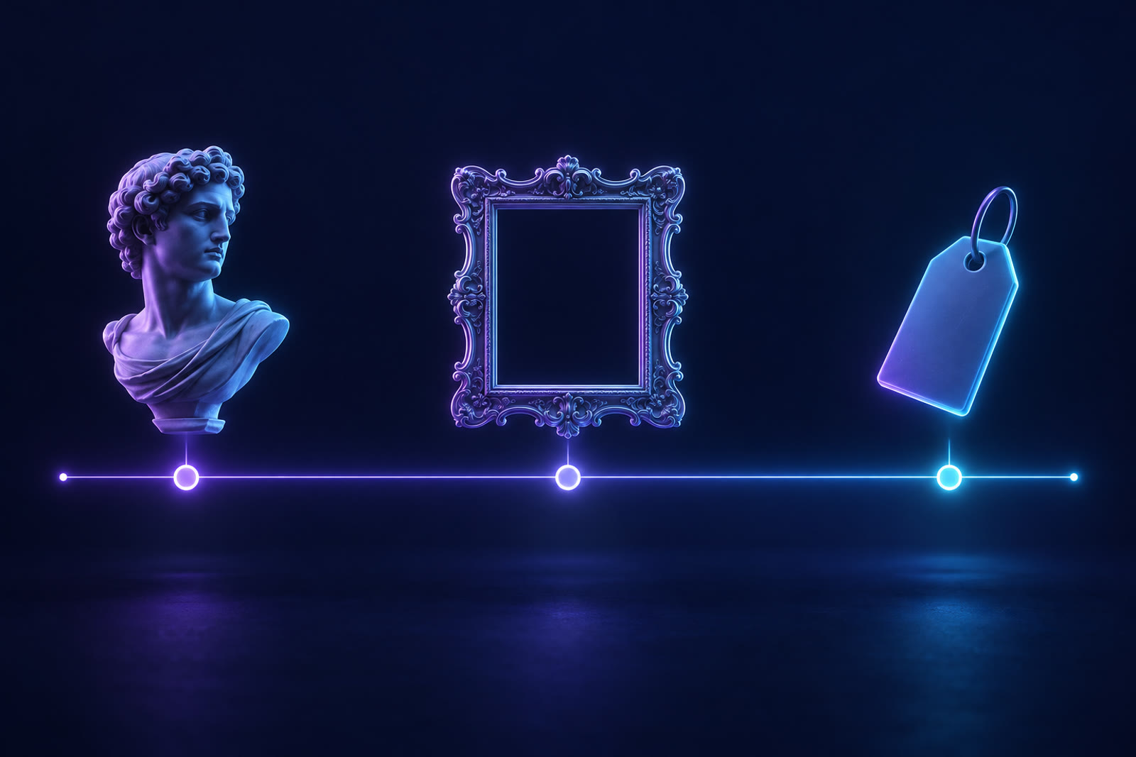 Illustration of a glowing timeline with a classical bust, an empty picture frame and a tag, in violet and cyan