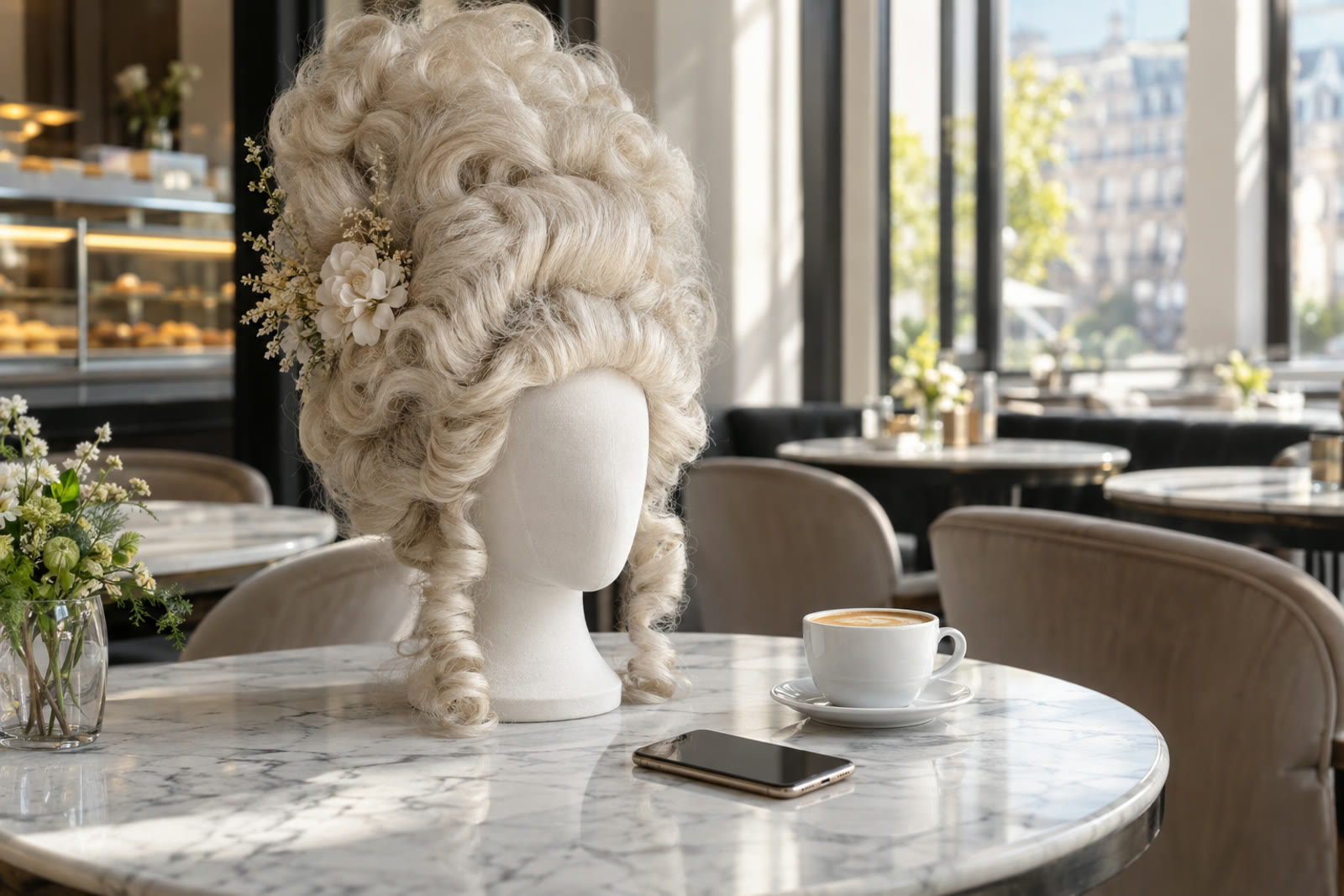 A powdered wig on a mannequin head next to a smartphone on a marble table in a modern cafe