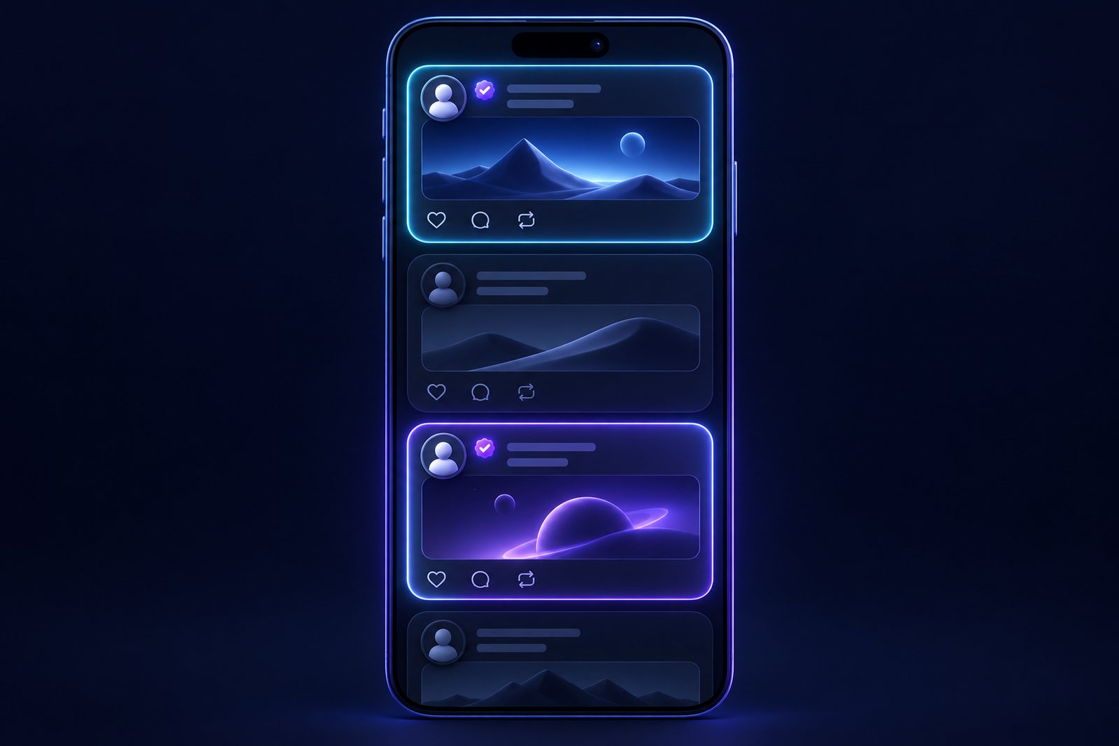Illustration of a phone feed with some posts dimmed and a glowing label badge on a profile icon