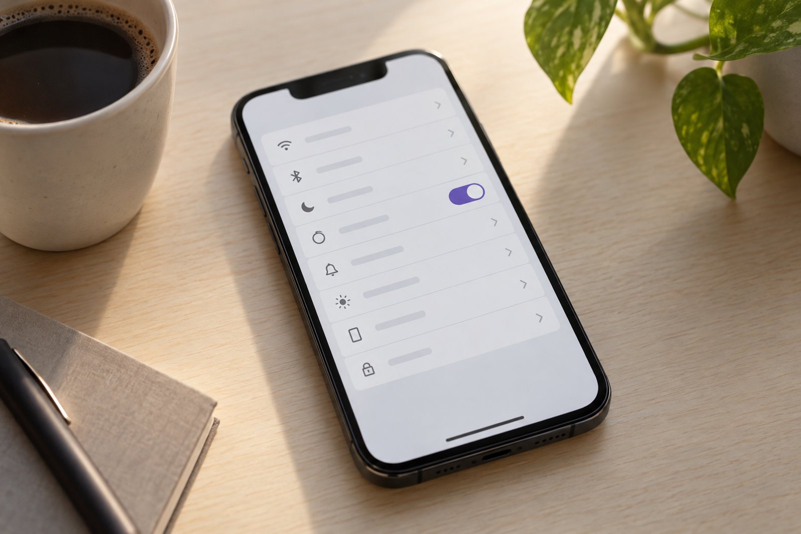 A smartphone showing a profile settings screen with a toggle switched on, next to a coffee cup on a desk