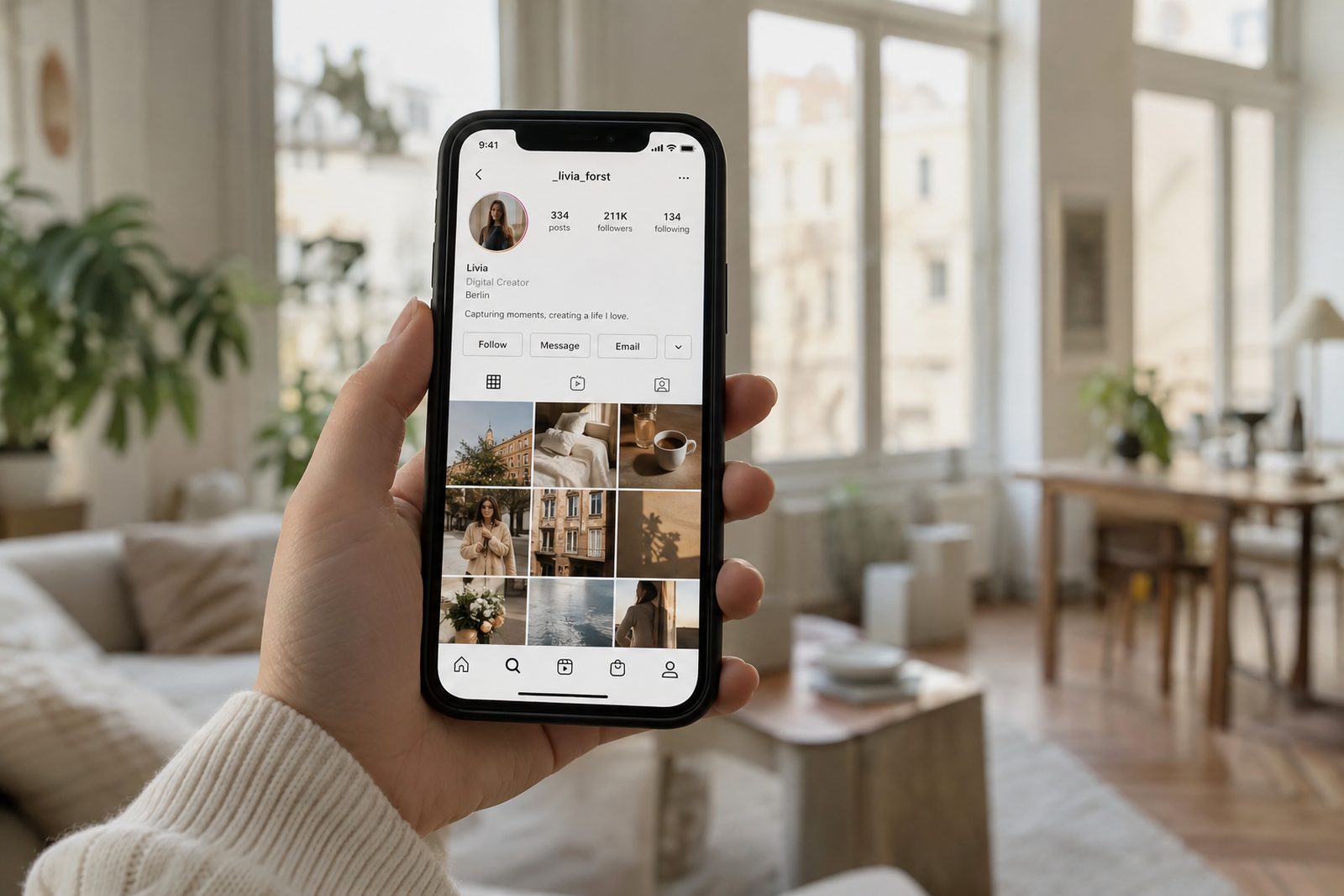 A phone showing a clean Instagram profile grid with a consistent style