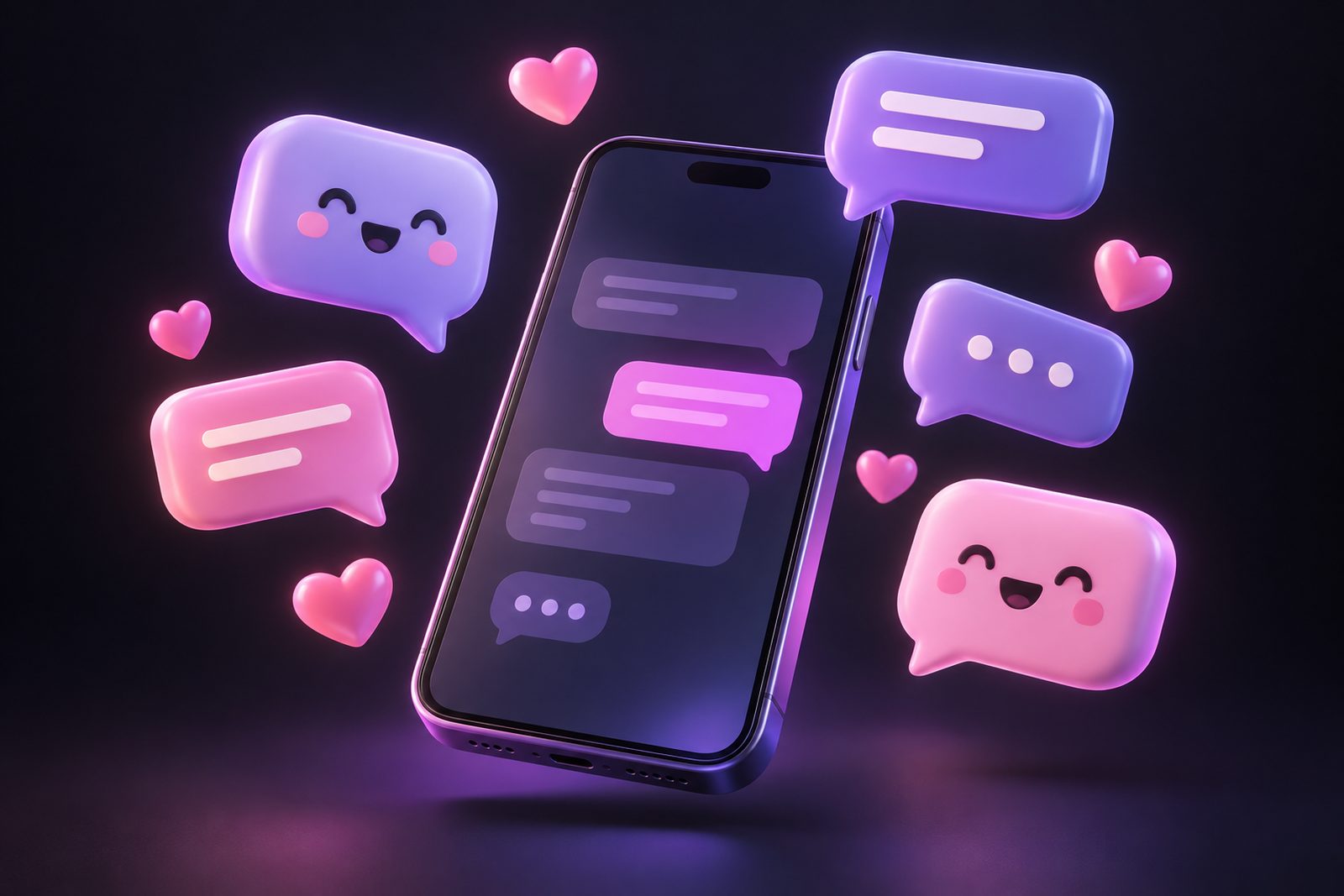 Illustration of a phone with friendly comment bubbles and hearts
