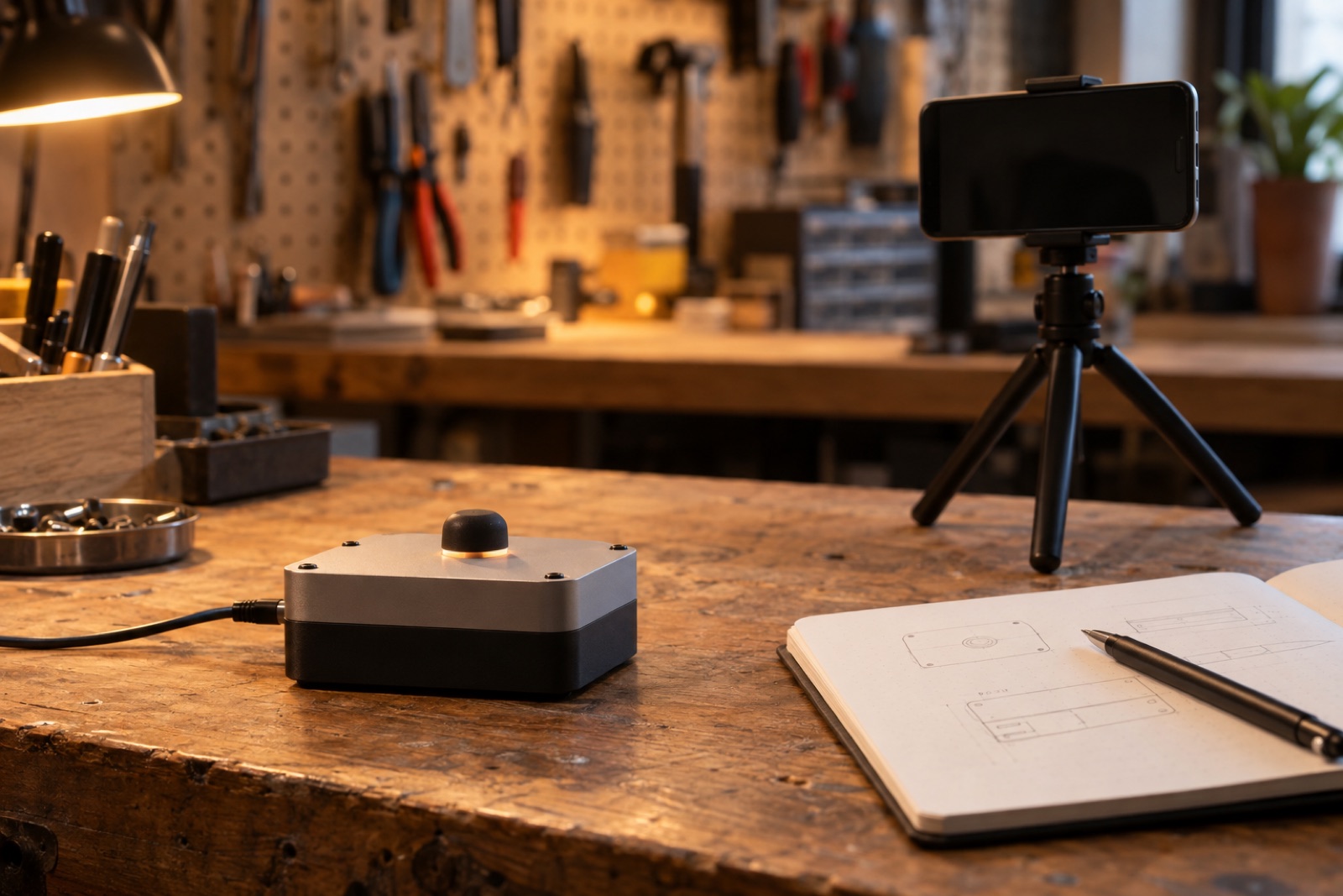 A small hardware prototype on a workbench next to a smartphone on a tripod and a notebook, warm workshop light
