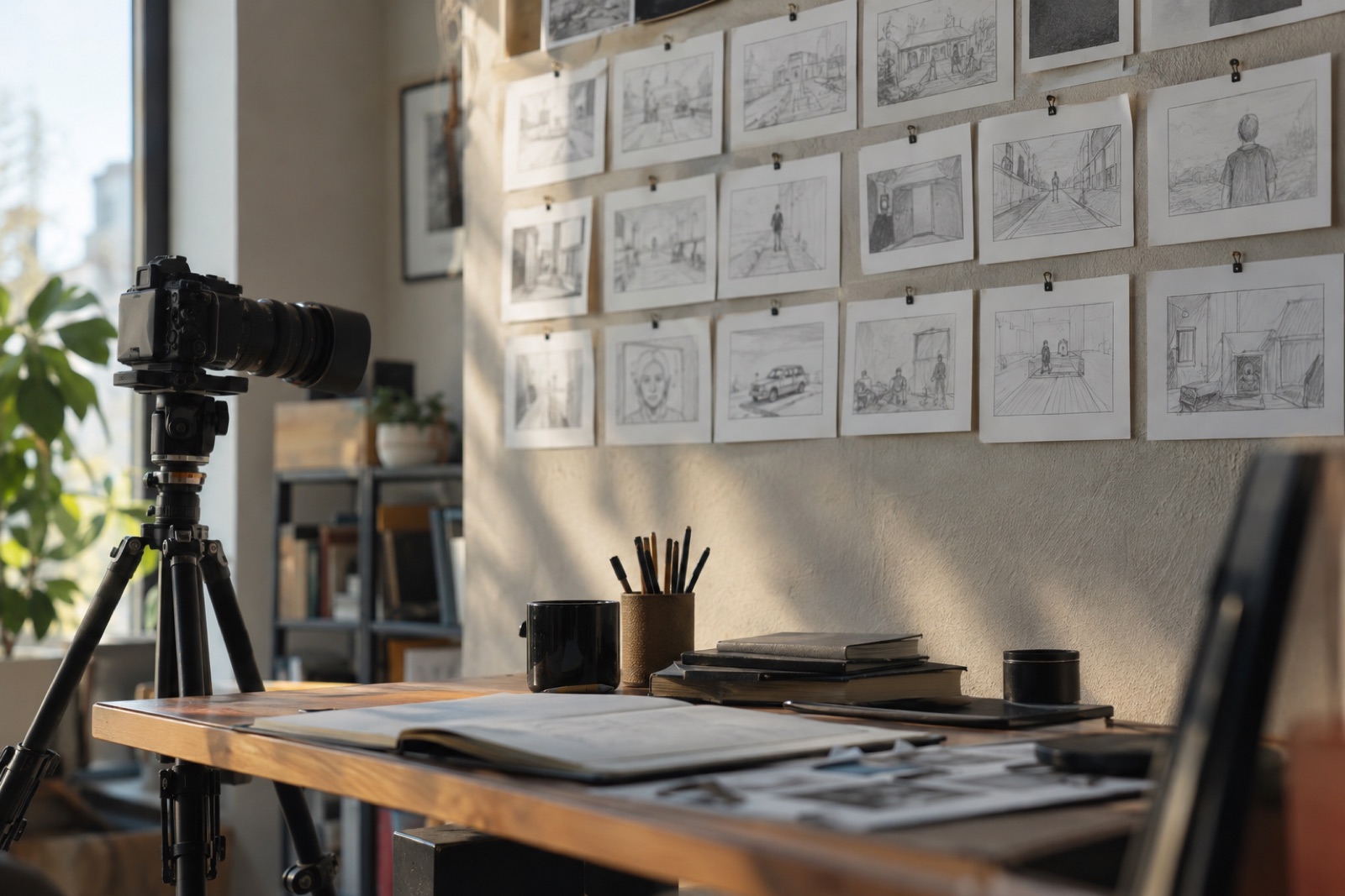 A storyboard of small sketched frames pinned to a wall above a desk with a camera on a tripod, soft daylight, sketches blurred and unreadable