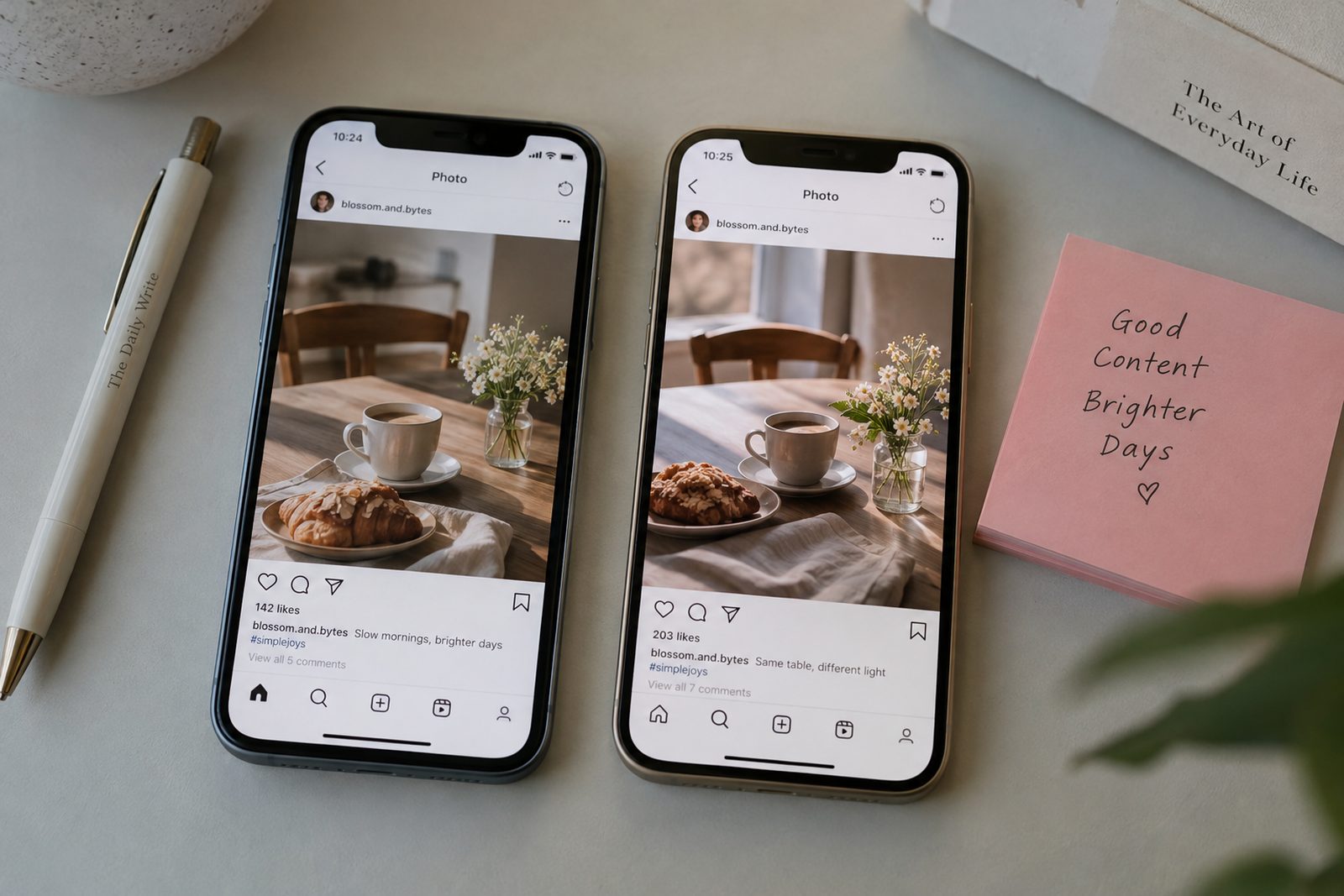 Two phones side by side showing two versions of the same post