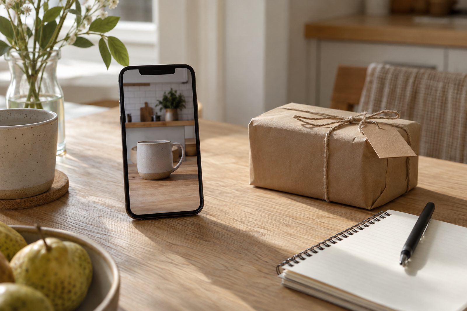 A phone showing a product photo post beside a small parcel and a notebook