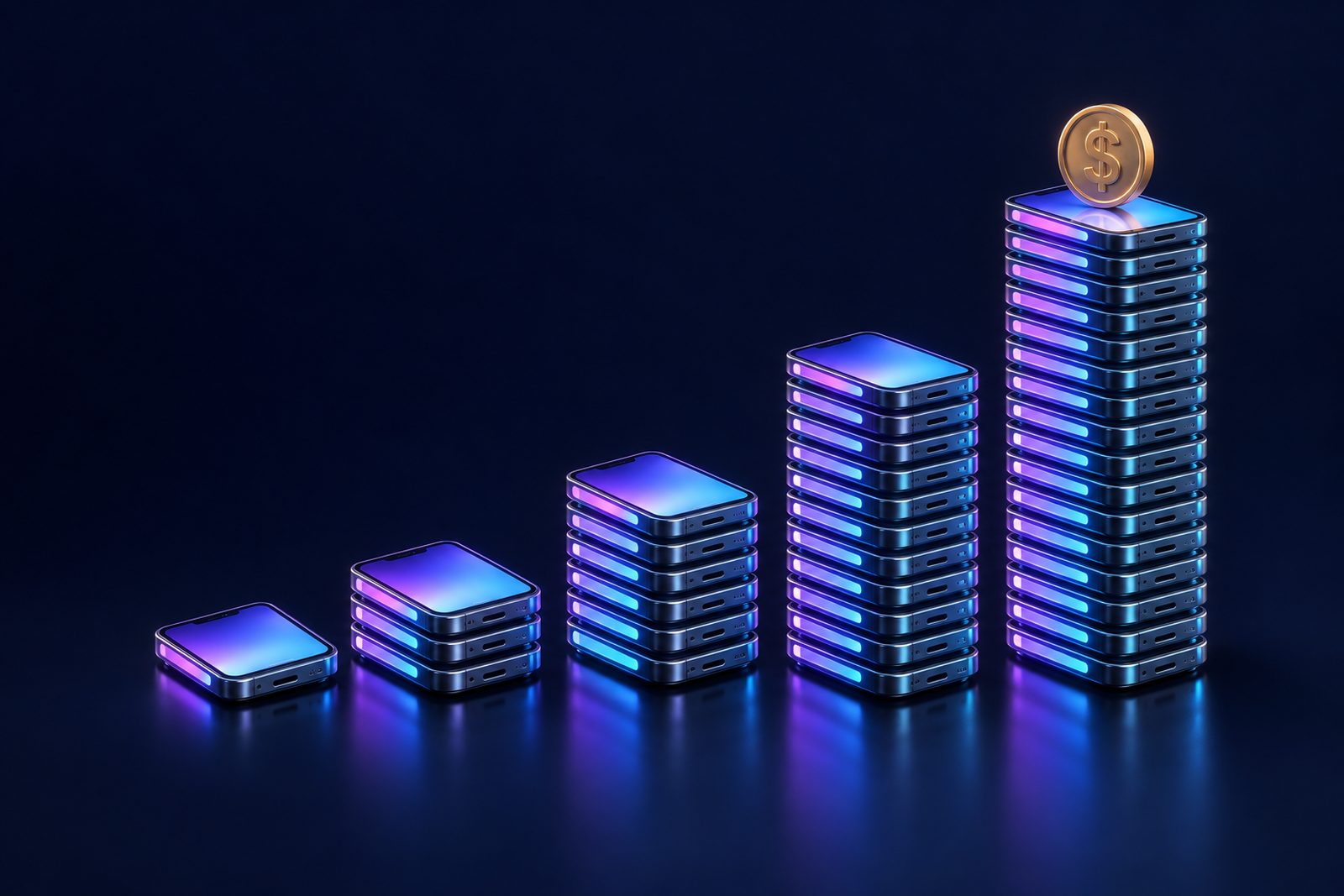 Illustration of a growing bar chart made of small glowing phones