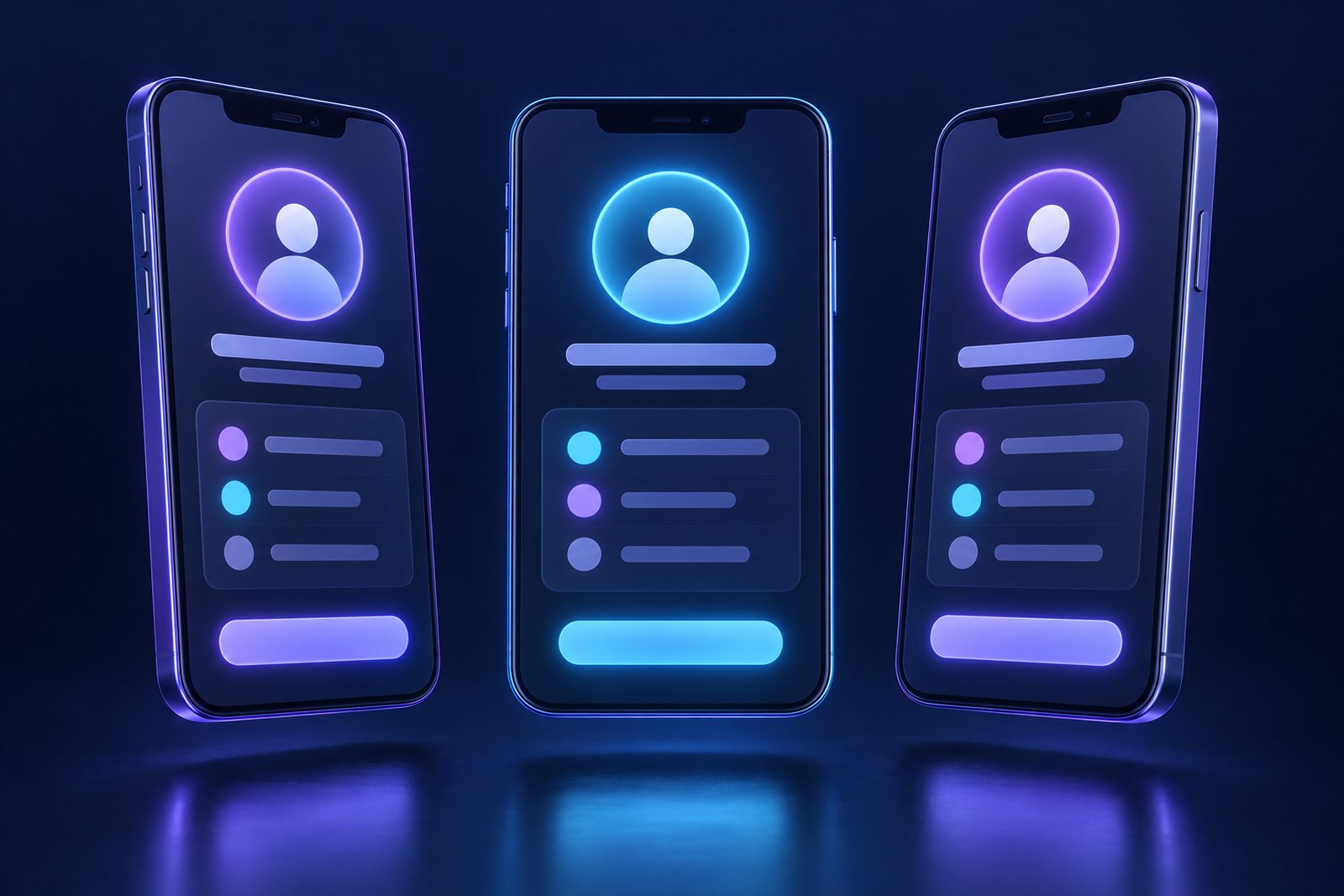 Three phone screens side by side showing profile headers with short names and round portraits