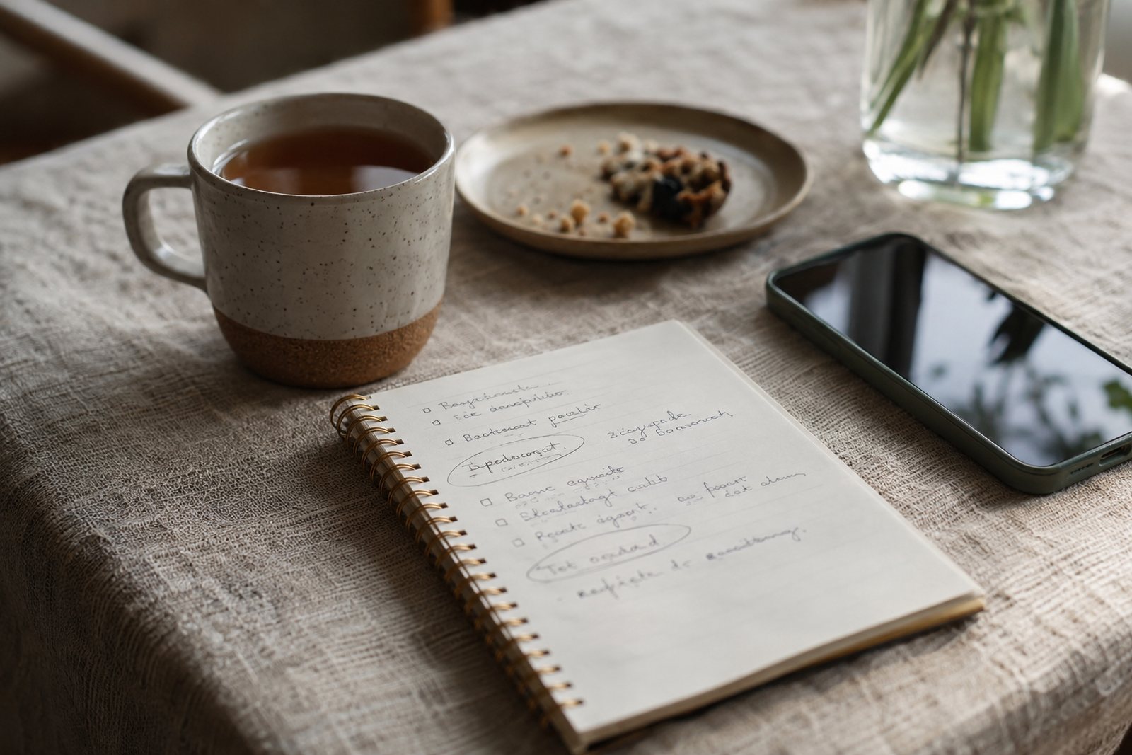 A notebook with a handwritten list of short names, some circled, next to a phone and a cup of tea