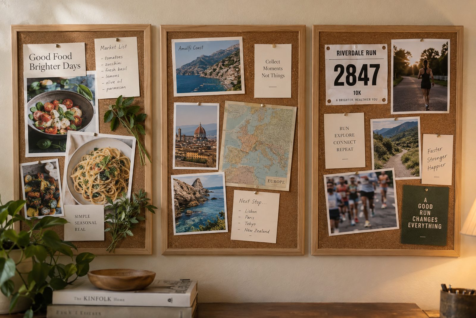 Three small mood boards for cooking, travel and fitness pinned side by side