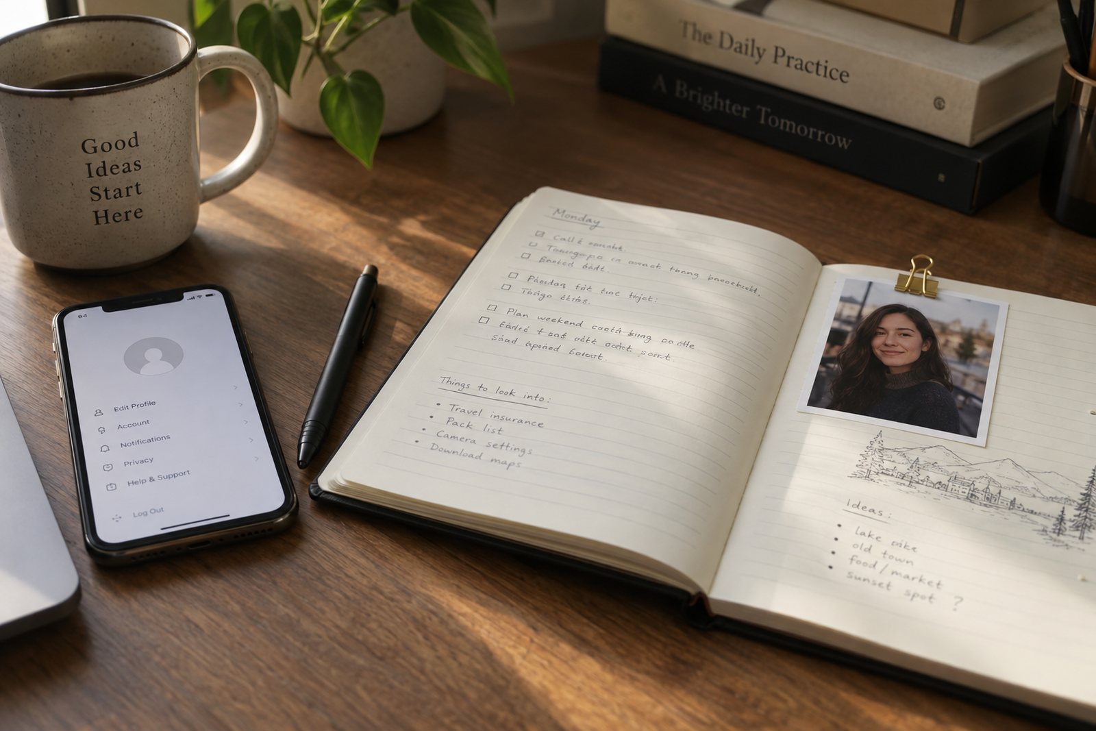 A notebook labelled character bible next to a phone showing a profile and a pen, on a desk
