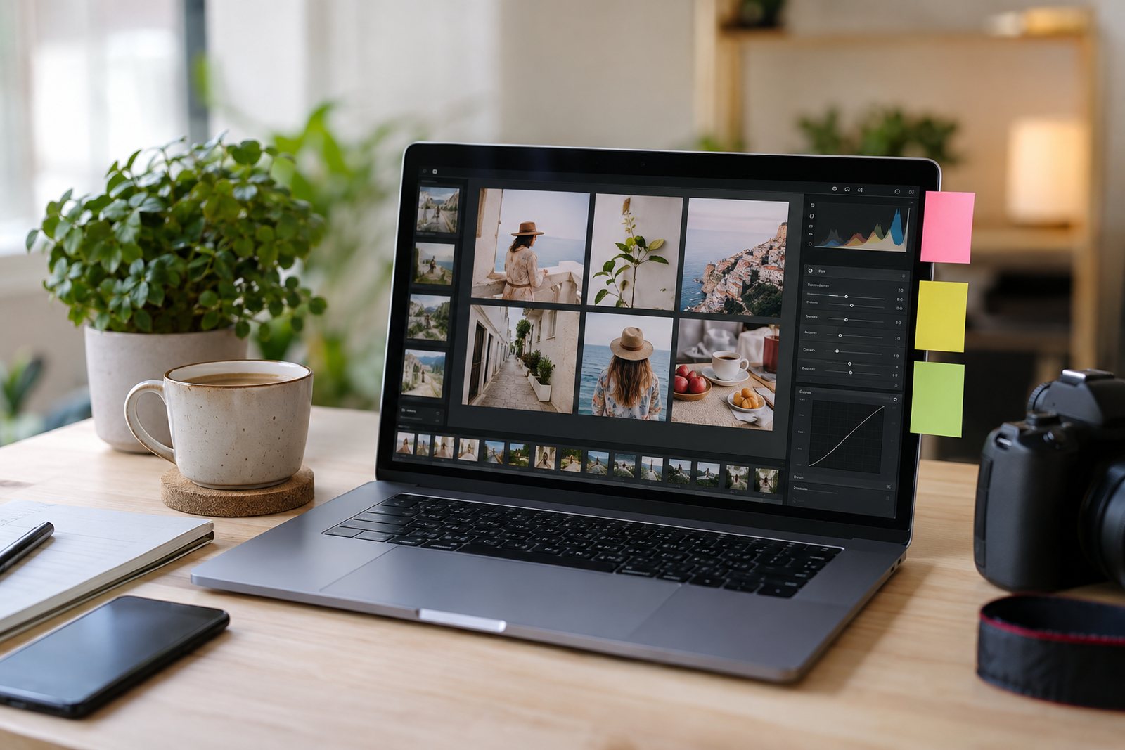 A creator's desk with a laptop showing edited photos in a grid, sticky notes and a coffee cup
