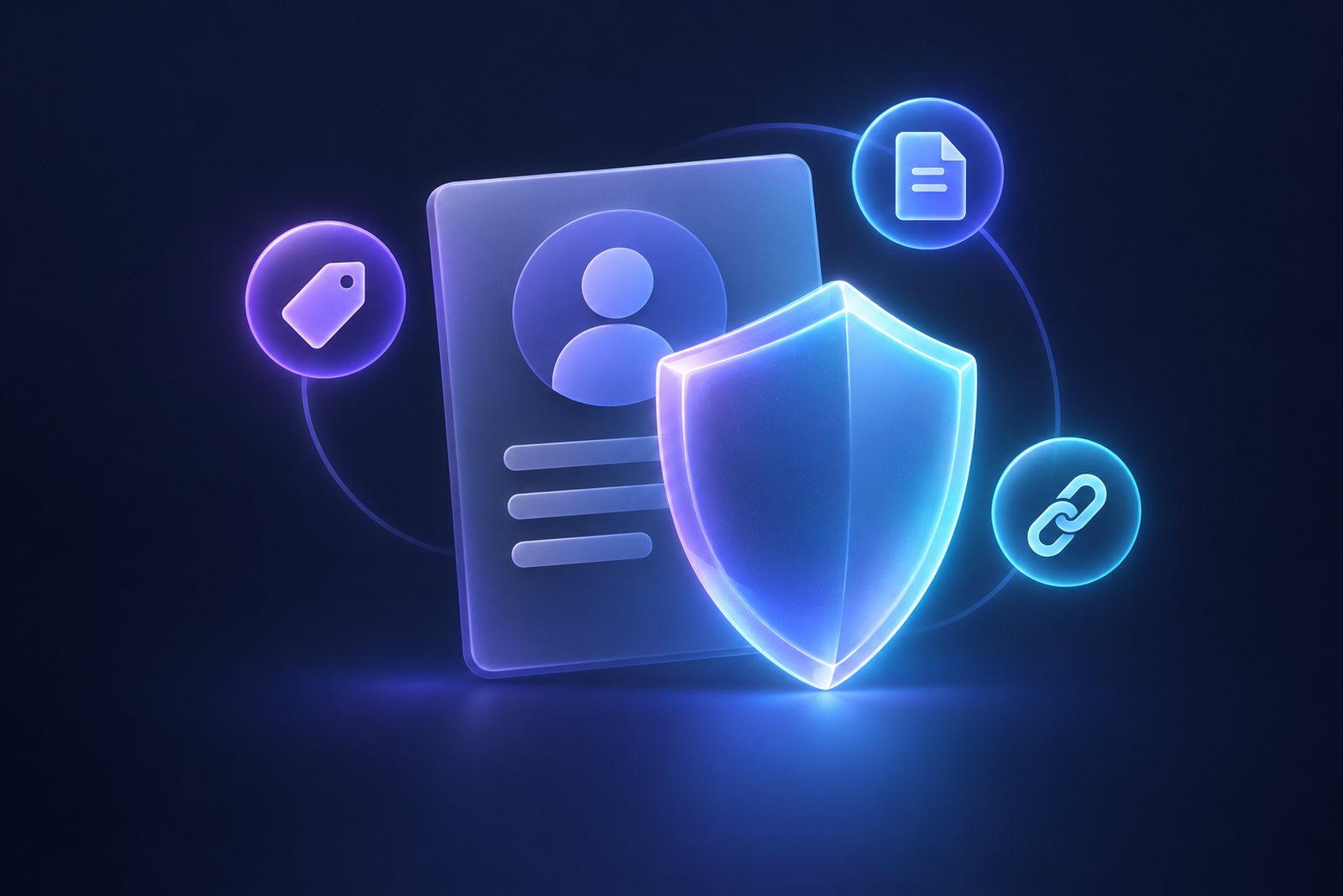 Illustration of a shield in front of a profile card with small icons for name, accounts and documents, in violet and cyan