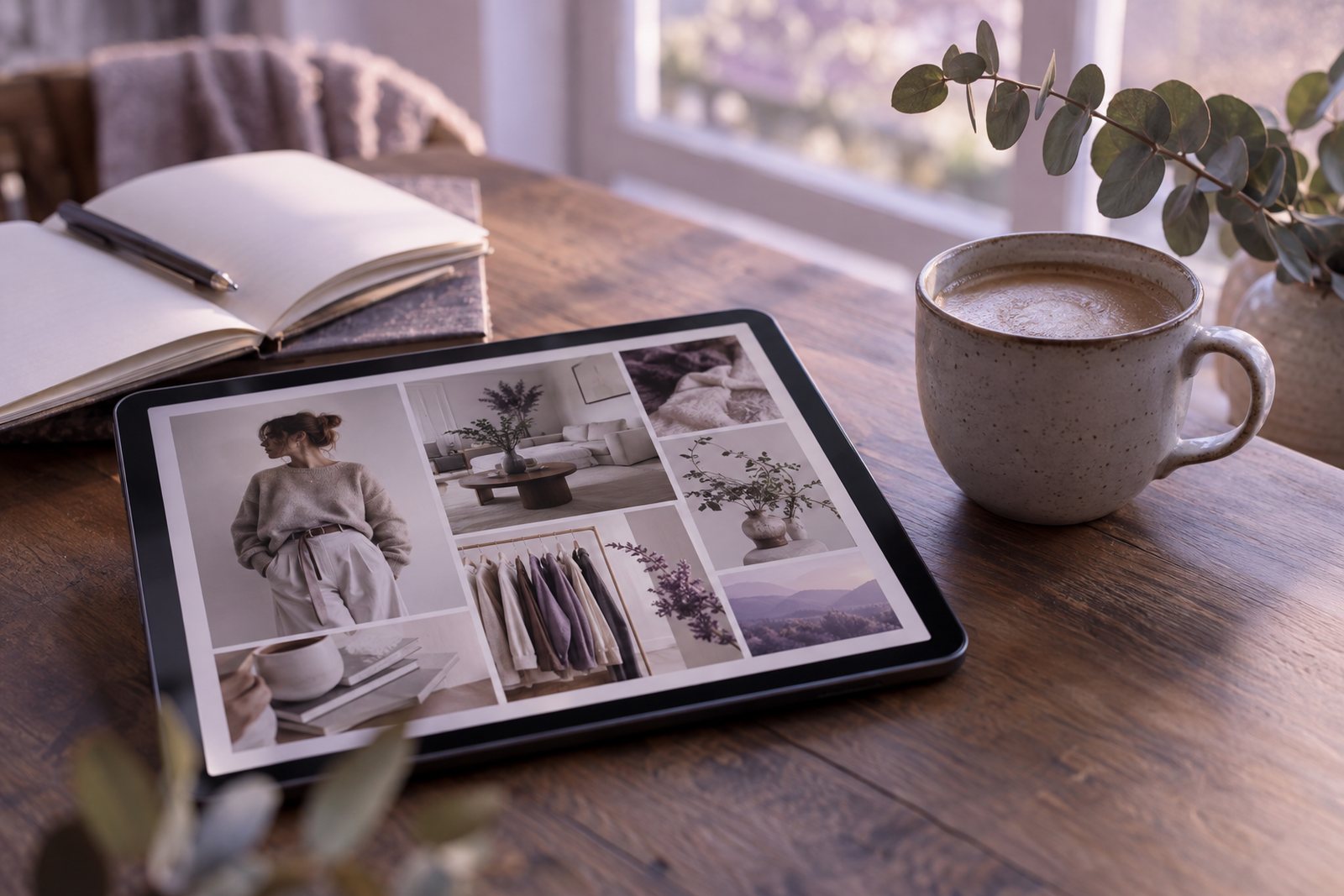 A tablet on a wooden table showing a mood board of outfit and interior photos, with a coffee cup and a notebook