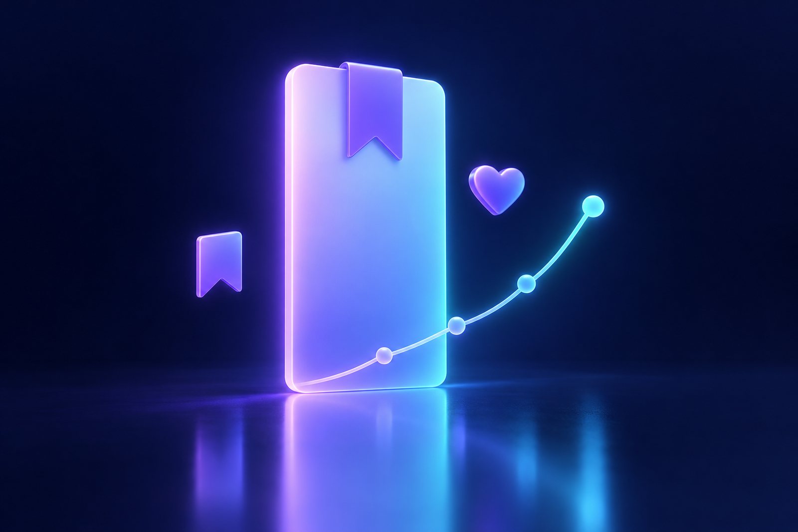 Illustration of a tall pin card with a rising chart and small bookmark icons glowing in violet and cyan